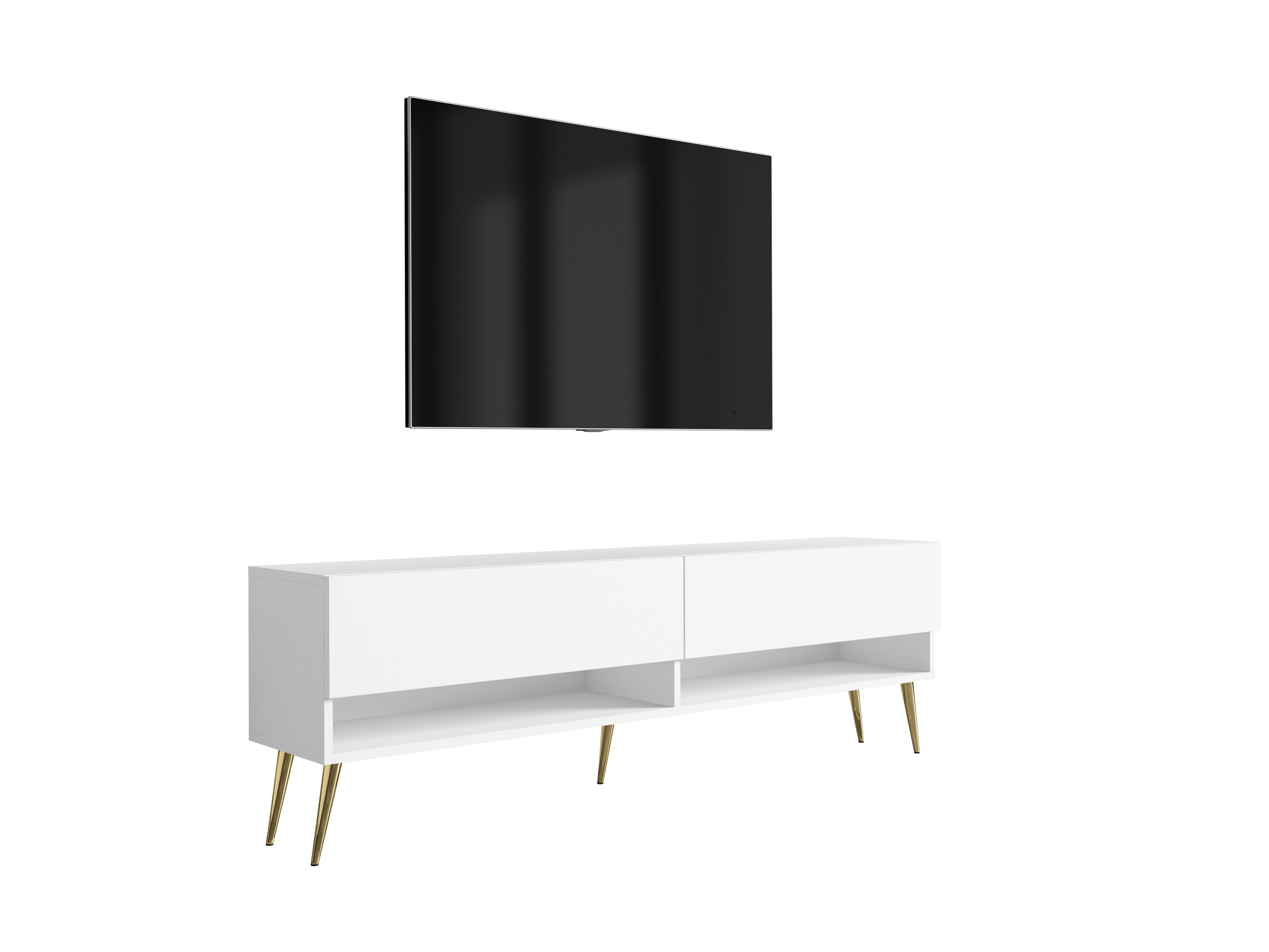 Szafka pod telewizor 170 cm Biały Mat, nóżki pochyłe złote, 170 × 32 × 52 cm