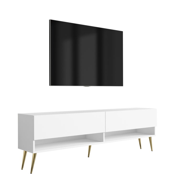 Szafka pod telewizor 170 cm Biały Mat, nóżki pochyłe złote, 170 × 32 × 52 cm