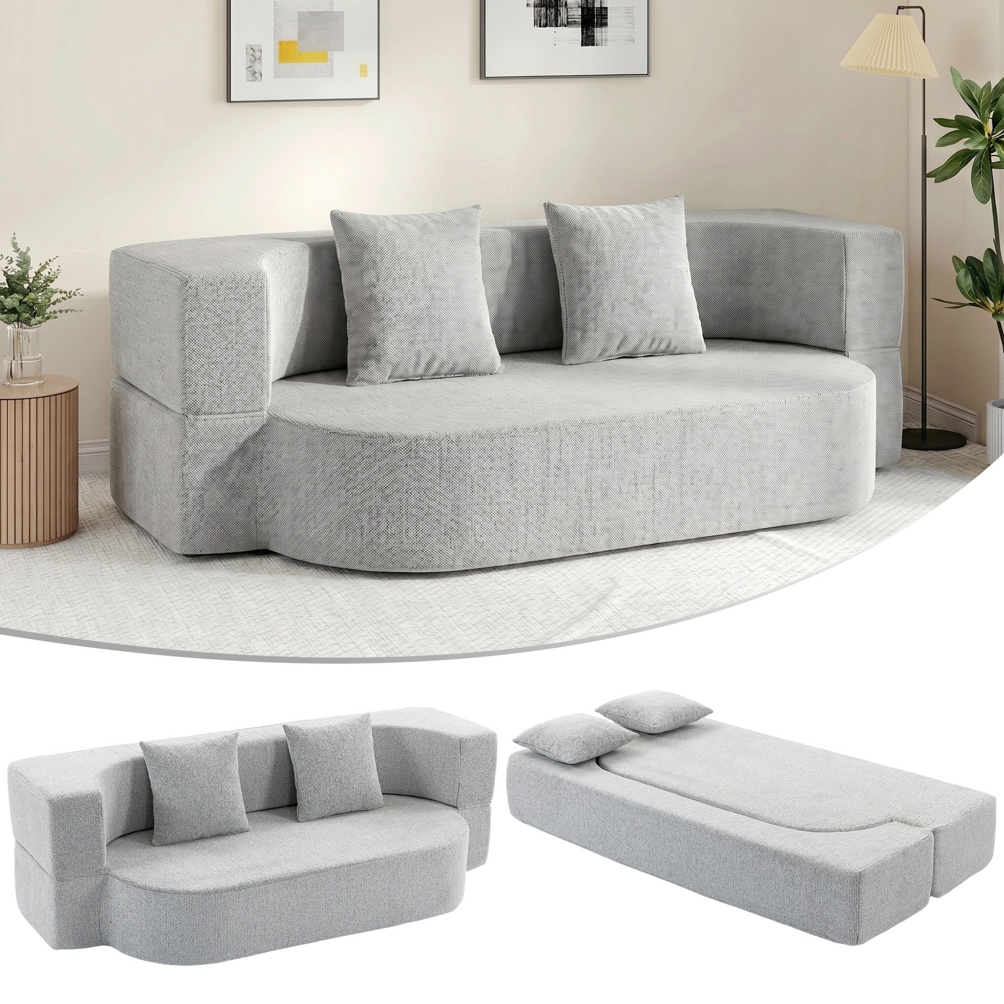 Sofa 2 w 1 z funkcją spania dla 2 osób, z 2 zdejmowanymi poduszkami, podłokietnikami i wyściełanym siedziskiem, w jasnoszarej tkaninie szenilowej