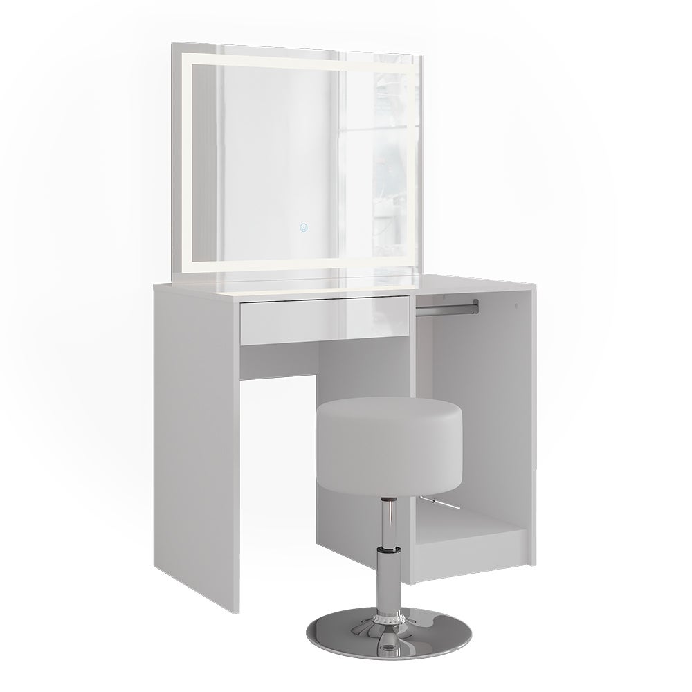 Vicco Stół do toalety Sherry, Biały/Biały wysoki połysk, 89.8 cm z lustrem LED i stołkiem