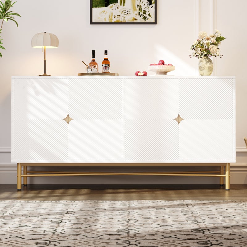 Komoda z 4 drzwiami - 160 x 40 x 82 cm - Płyta wiórowa i nogi metalowe w kolorze złotym - Biała