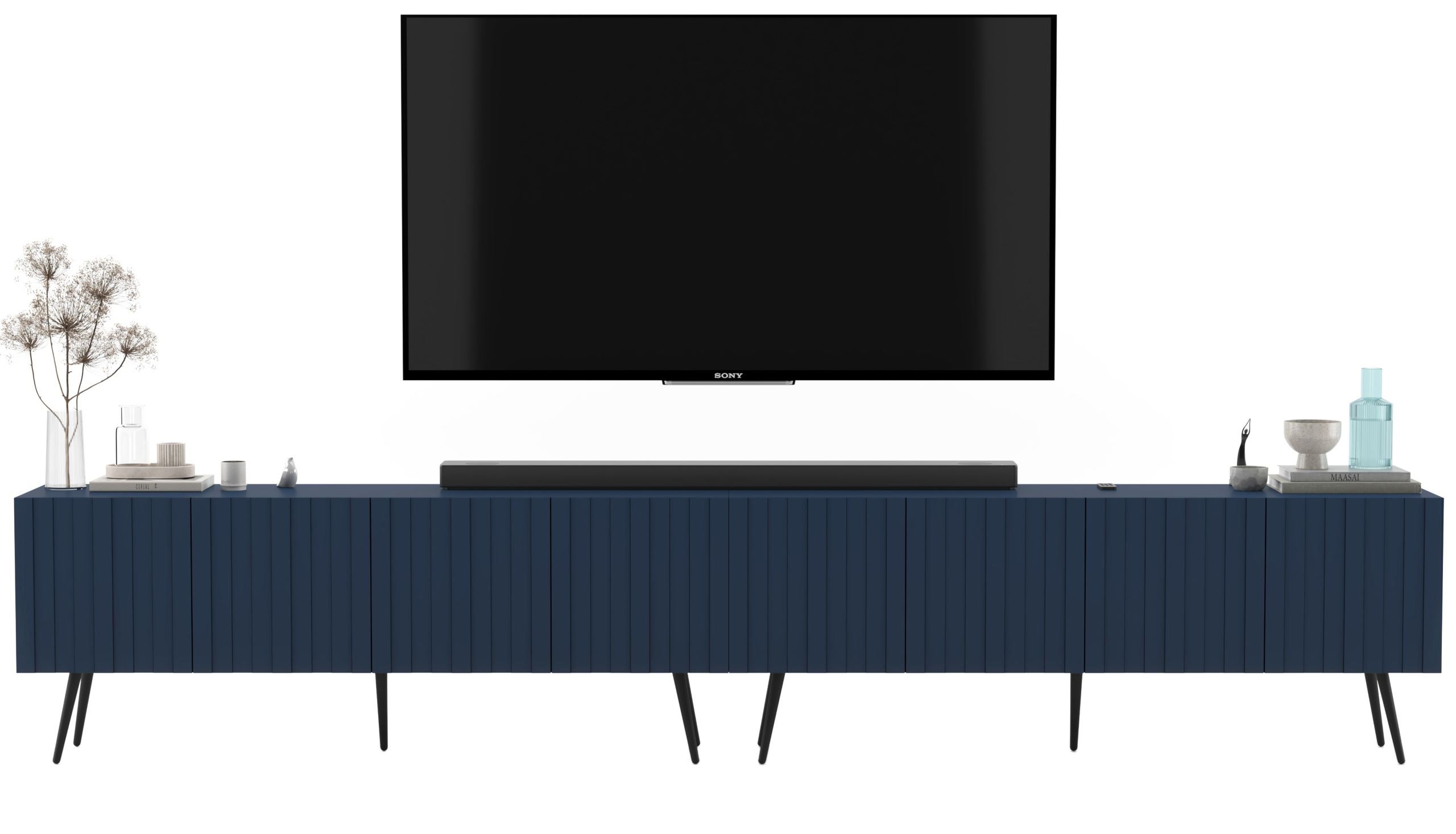 Nowoczesna komoda RTV 300 cm granatowy mat, szafka pod telewizor z czarnymi metalowymi nogami