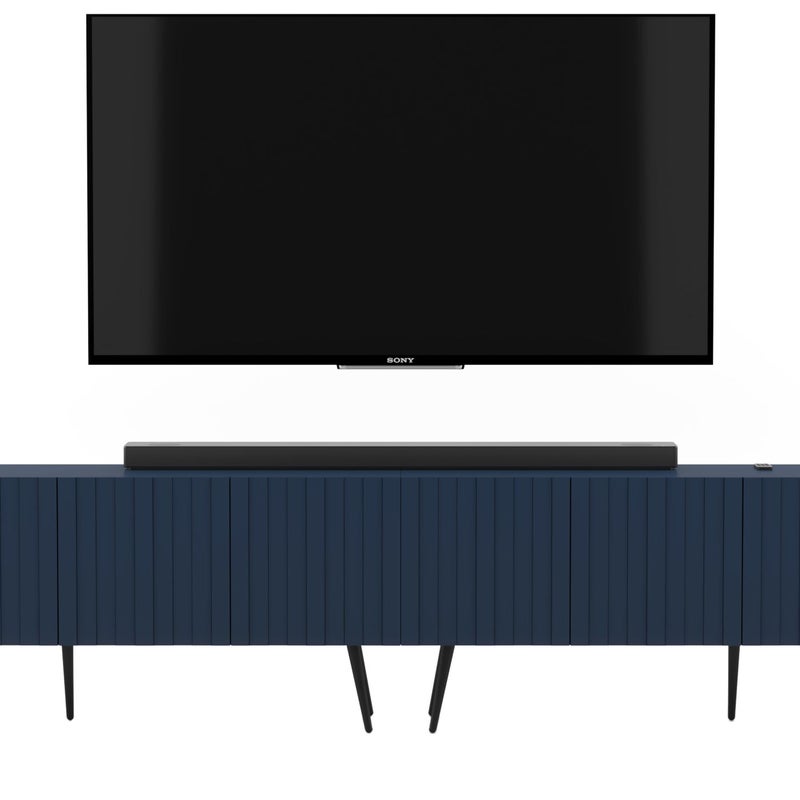 Nowoczesna komoda RTV 300 cm granatowy mat, szafka pod telewizor z czarnymi metalowymi nogami
