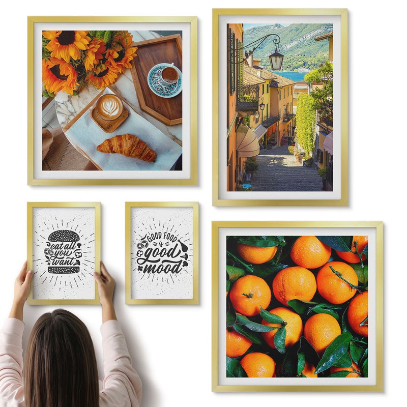 Galeria ścienna 5-częściowy komplet obrazów w złotych ramach - Kawiarniane klimaty widoki uliczek i smakowite akcenty - ArtPrintCave