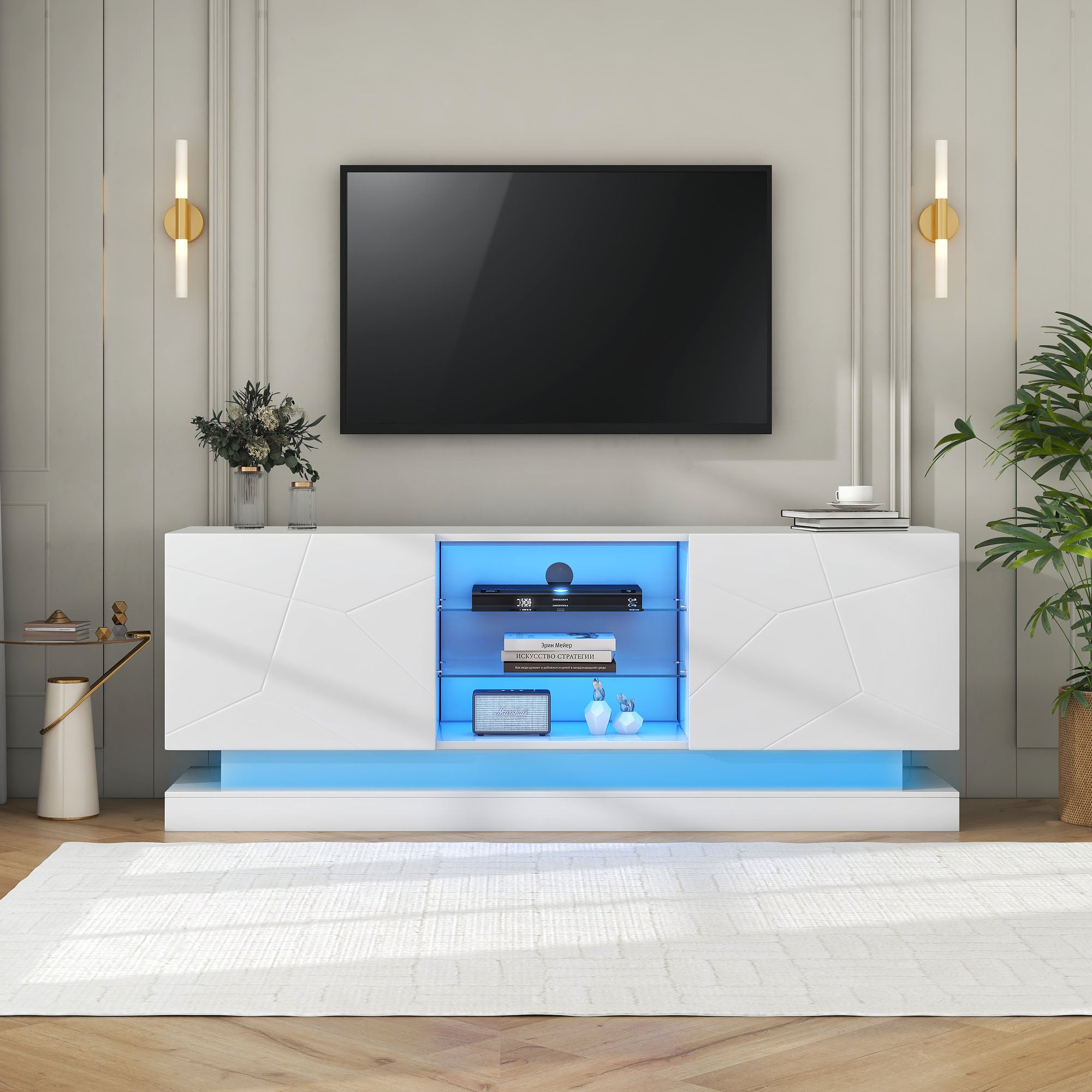 Stół do telewizora biały matowy 160cm - regulowane półki szklane, Silent Hinges, 70 cali