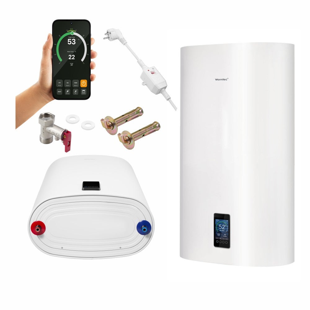 Bojler elektryczny 80l Wi-Fi pionowy/poziomy biały pojemnościowy kolorowy wyświetlacz Warmtec BPC80