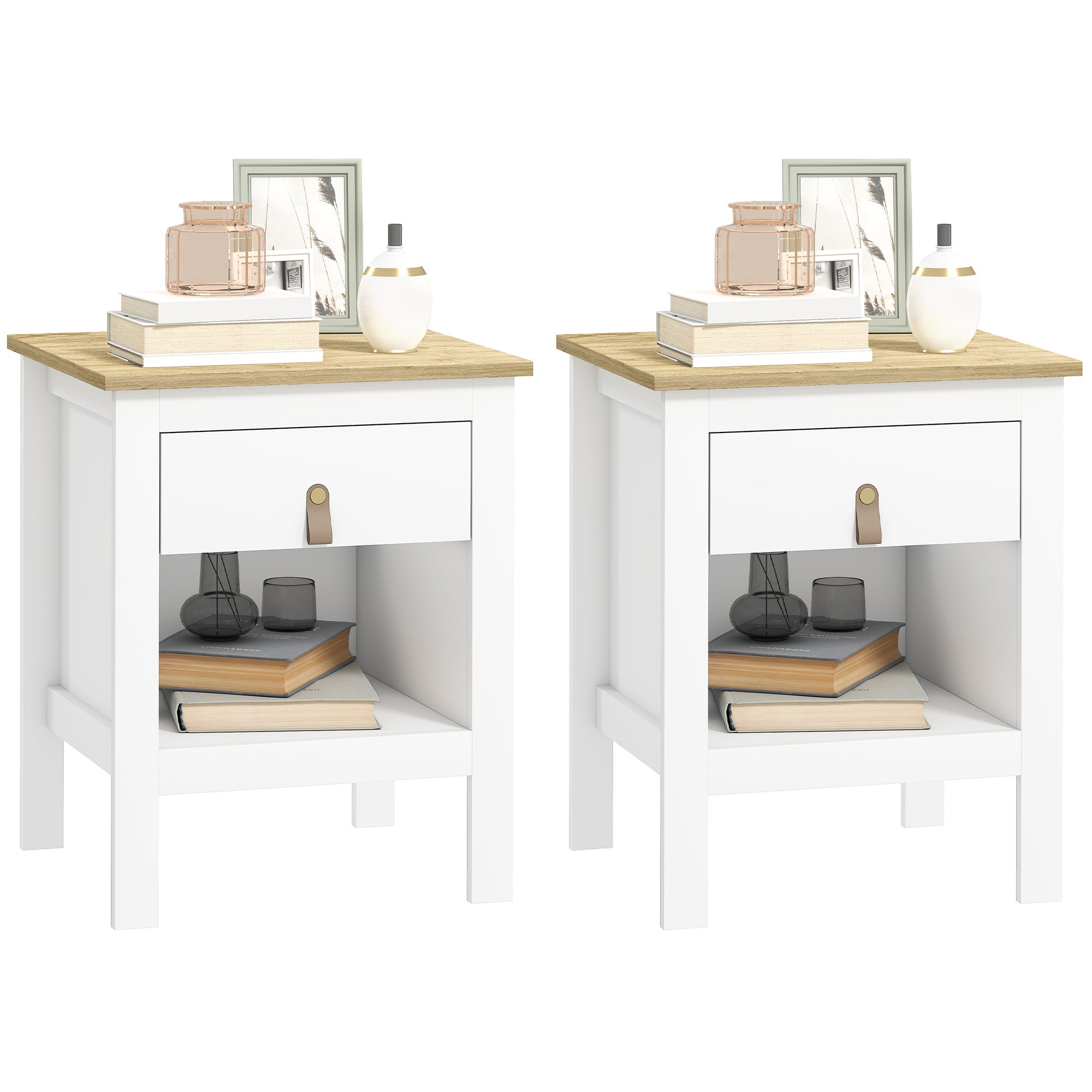 Zestaw z 2 bedside stoły z szuflada i otwarty compartment, 45 x 40 x 55 cm, biały