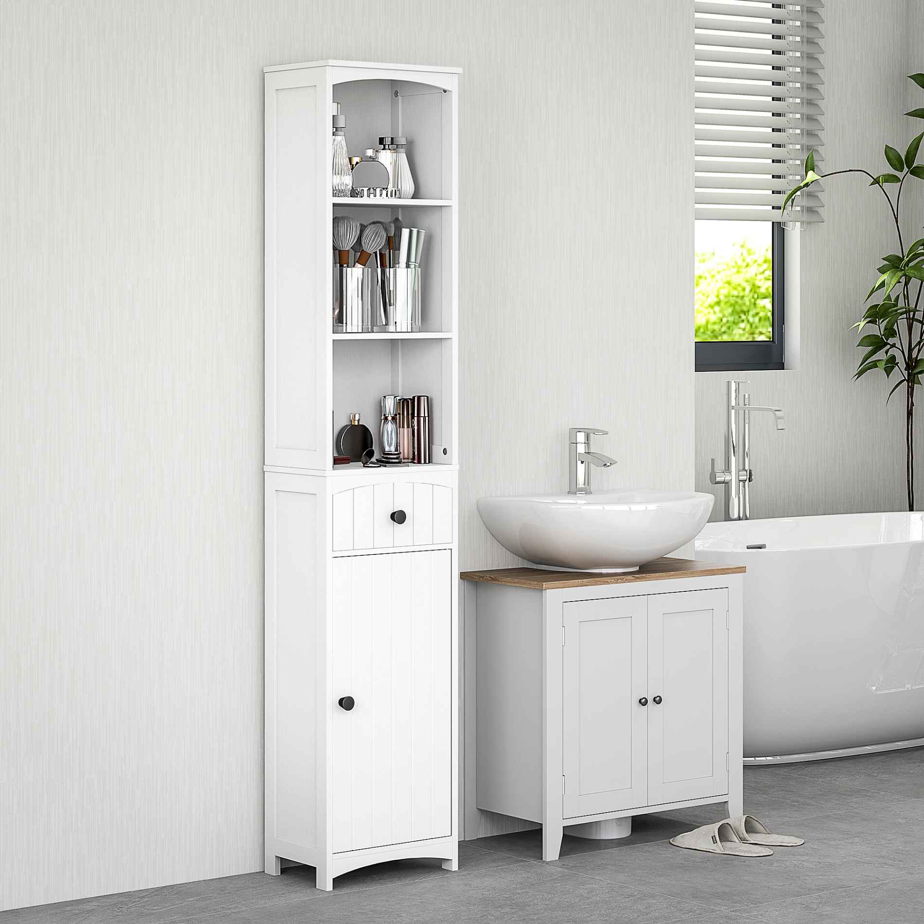 Szafka łazienkowa wysoka biała 170,5 cm MDF 3 półki 1 szuflada regał stojący mebel do łazienki elegancki pojemny