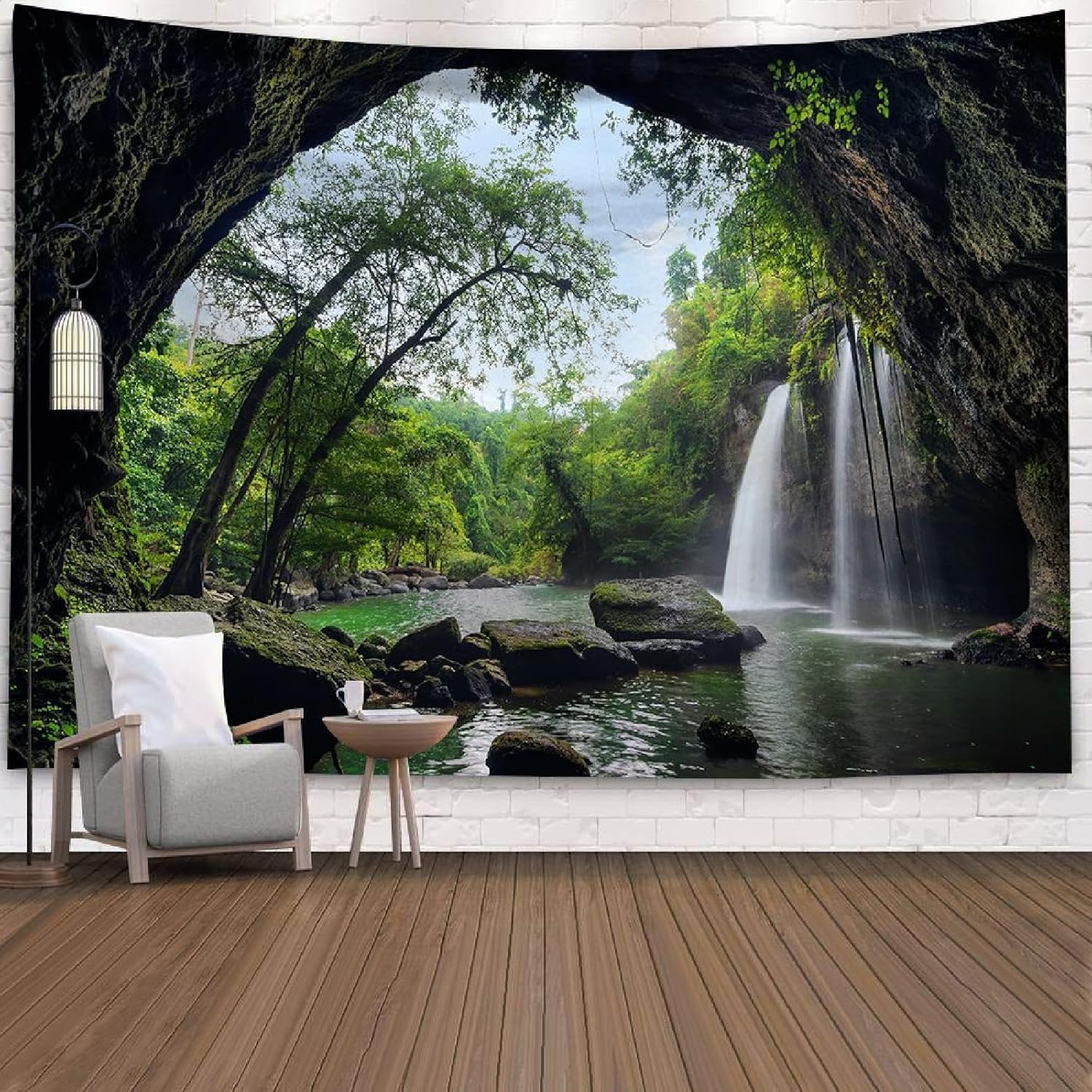 Gobelin Ścienny Krajobraz Natury, Gobelin Wodospad Gobelin Ścienny Las Gobelin 3D Dziura Drzewo Jezioro Góra Dżungla Zielony 230X180cm