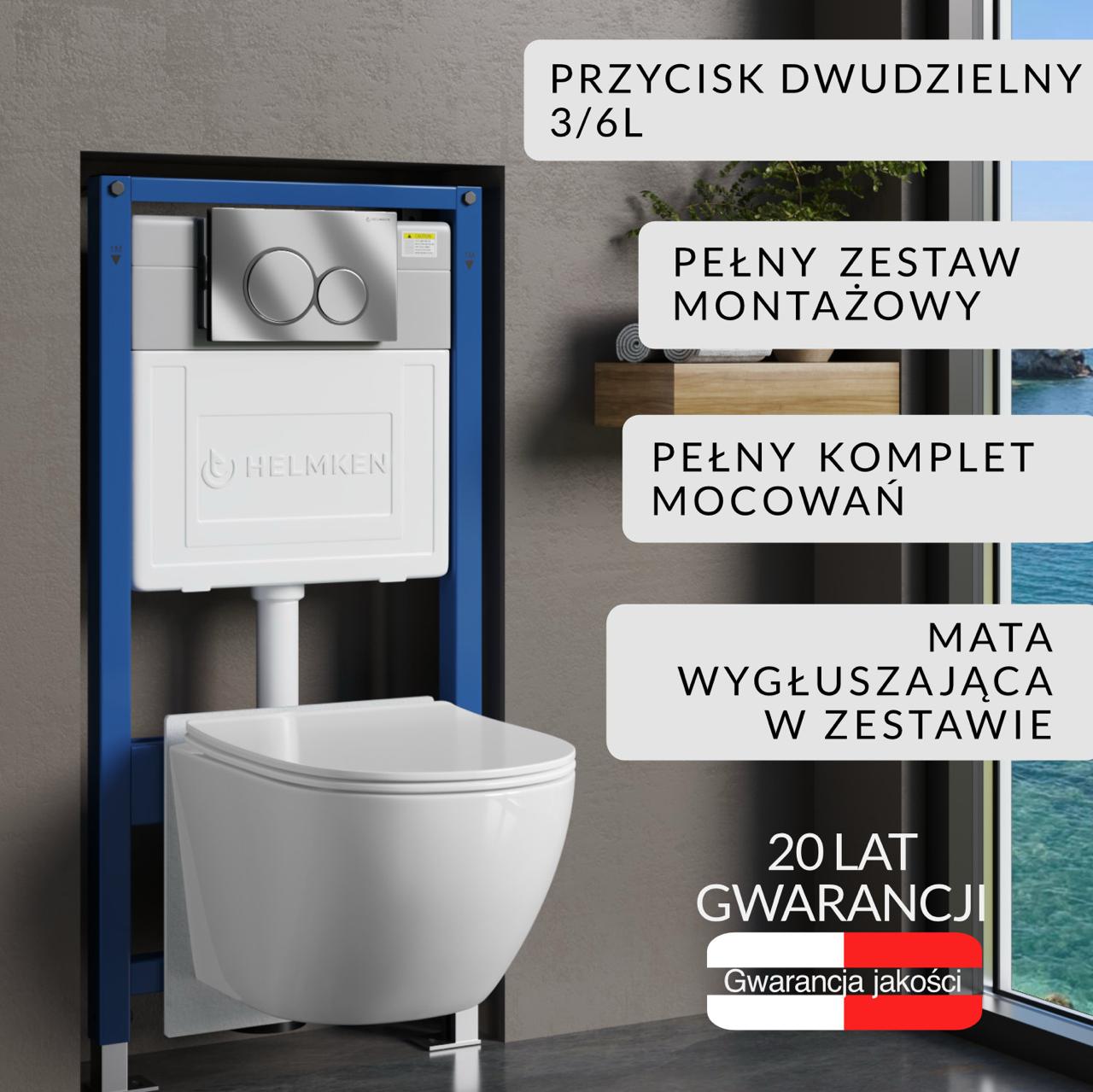 Zestaw podtynkowy WC Helmken 5w1: Stelaż, Chrom Przycisk E, Miska bezkołnierzowa Rimless 35103001 (Biała), Deska wolnoopadająca, Mata