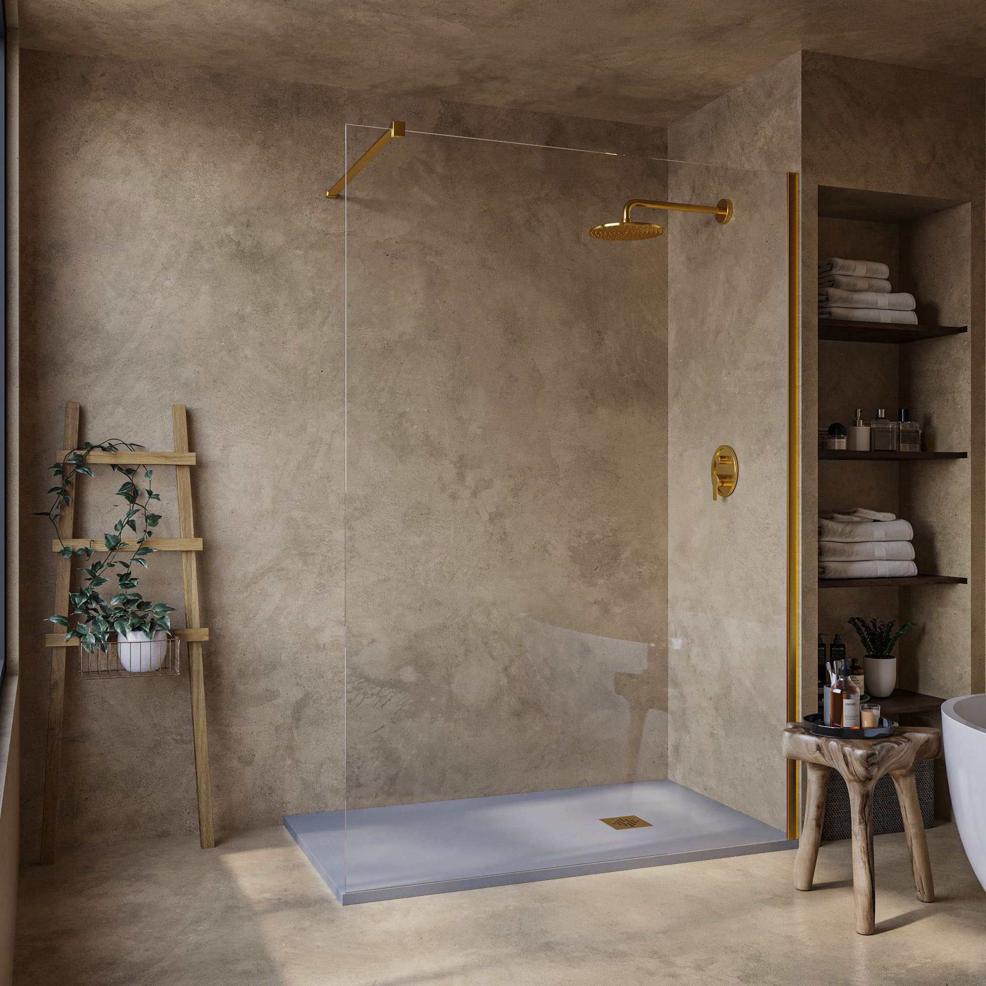 SOULHOME Lekki Brodzik z Żywicy tekstura Łupka szary – 80x80- cm Ultra-płaski Zawiera Syfon i Kratkę Gold