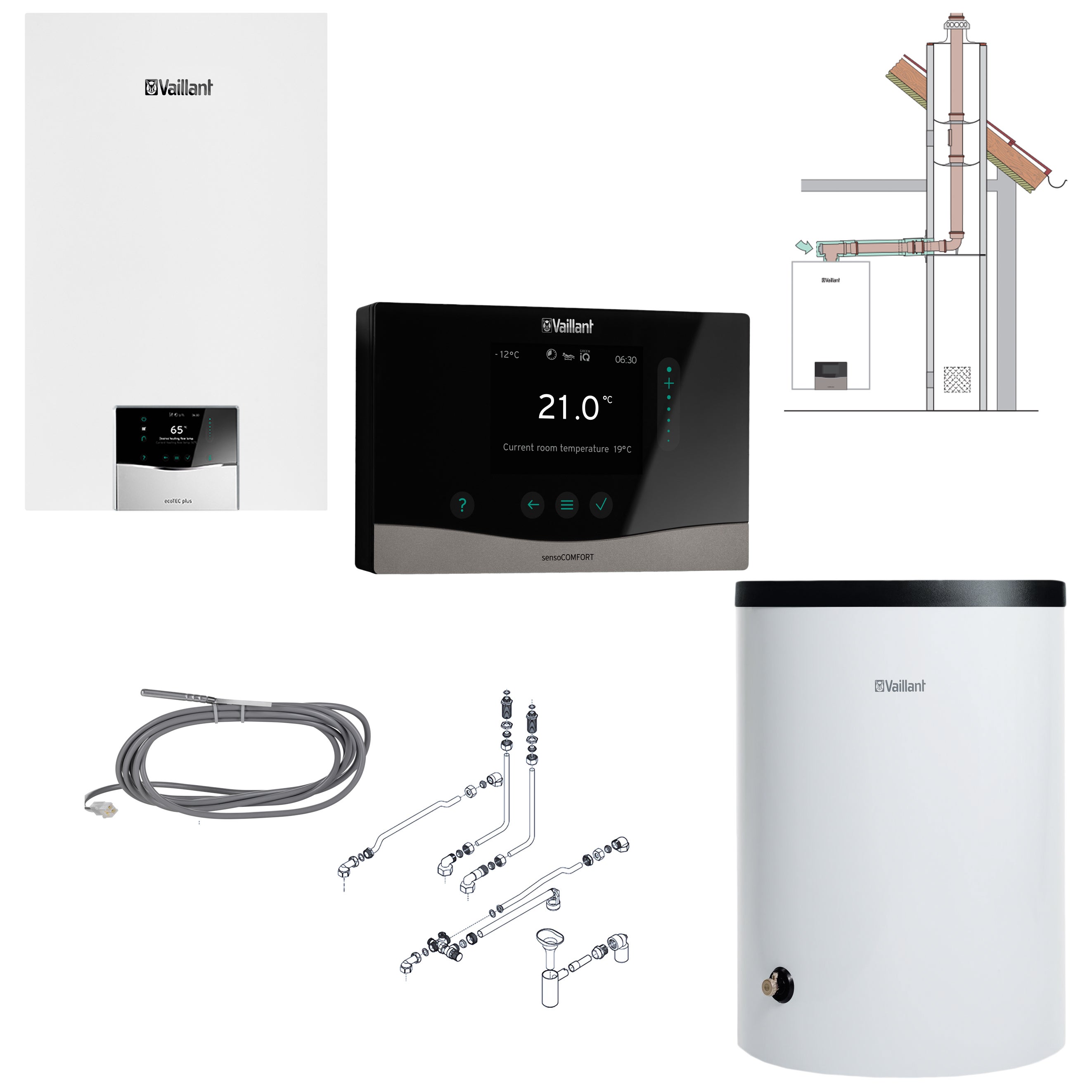 Kocioł gazowy kondensacyjny Vaillant EcoTEC Plus VC 20CS/1-5, jednofunkcyjny, z zasobnikiem 150 l, regulatorem sensoCOMFORT 720 i zestawem kominowym