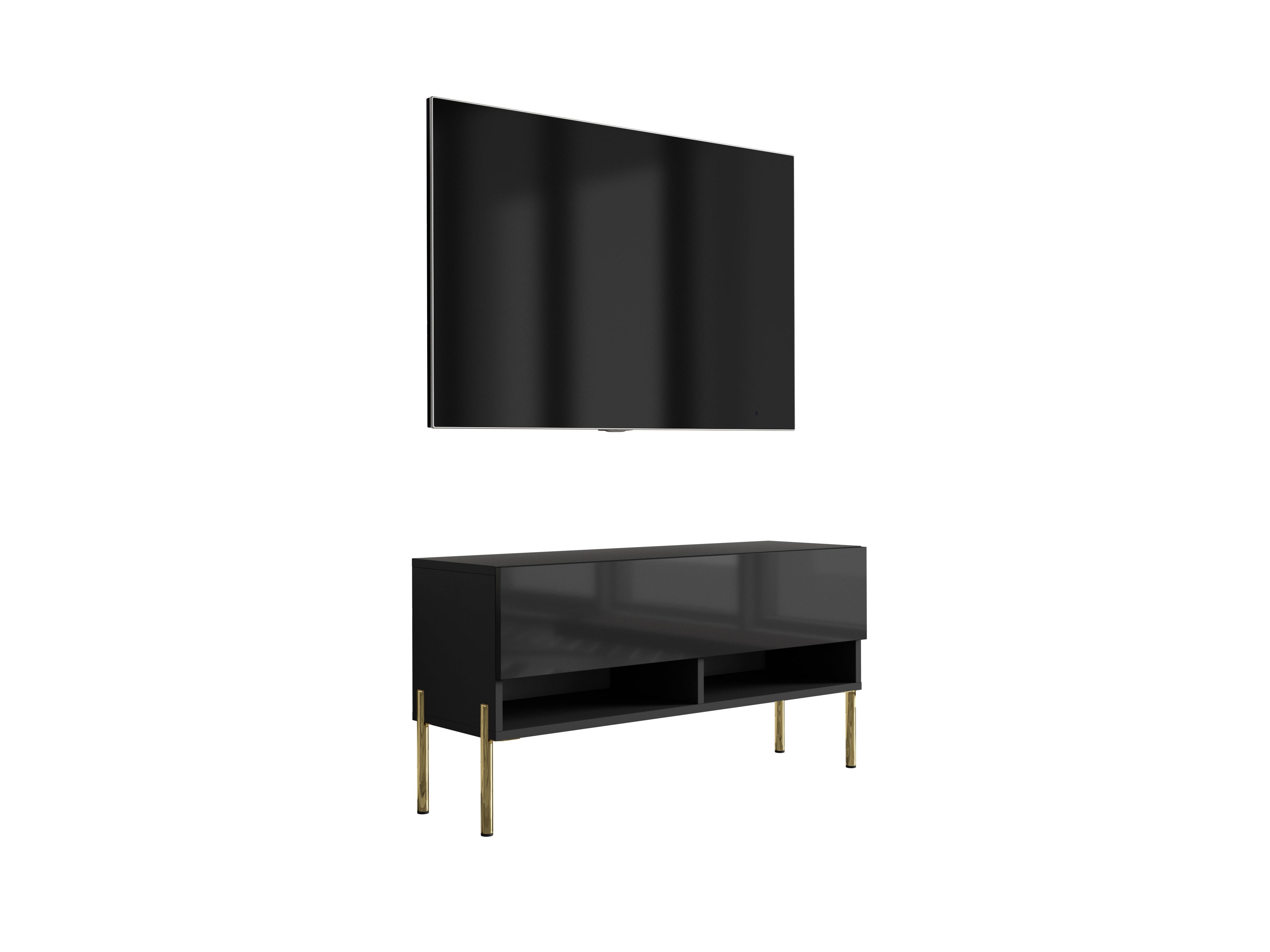 Szafka pod telewizor 100 cm Czarny Mat / Czarny Połysk, nóżki proste złote, 100 × 32 × 52 cm