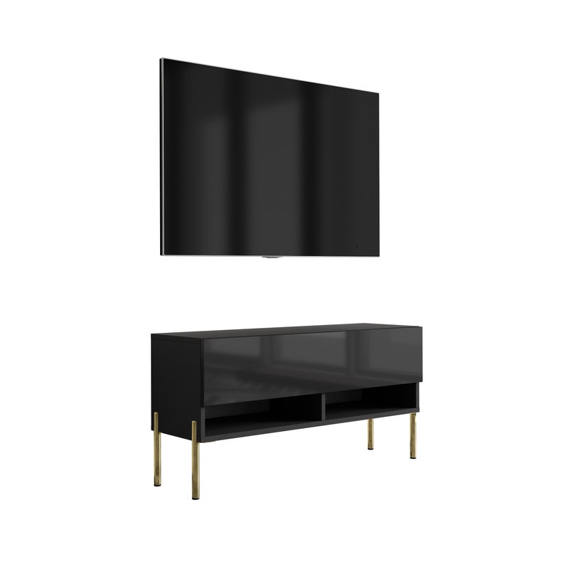 Szafka pod telewizor 100 cm Czarny Mat / Czarny Połysk, nóżki proste złote, 100 × 32 × 52 cm