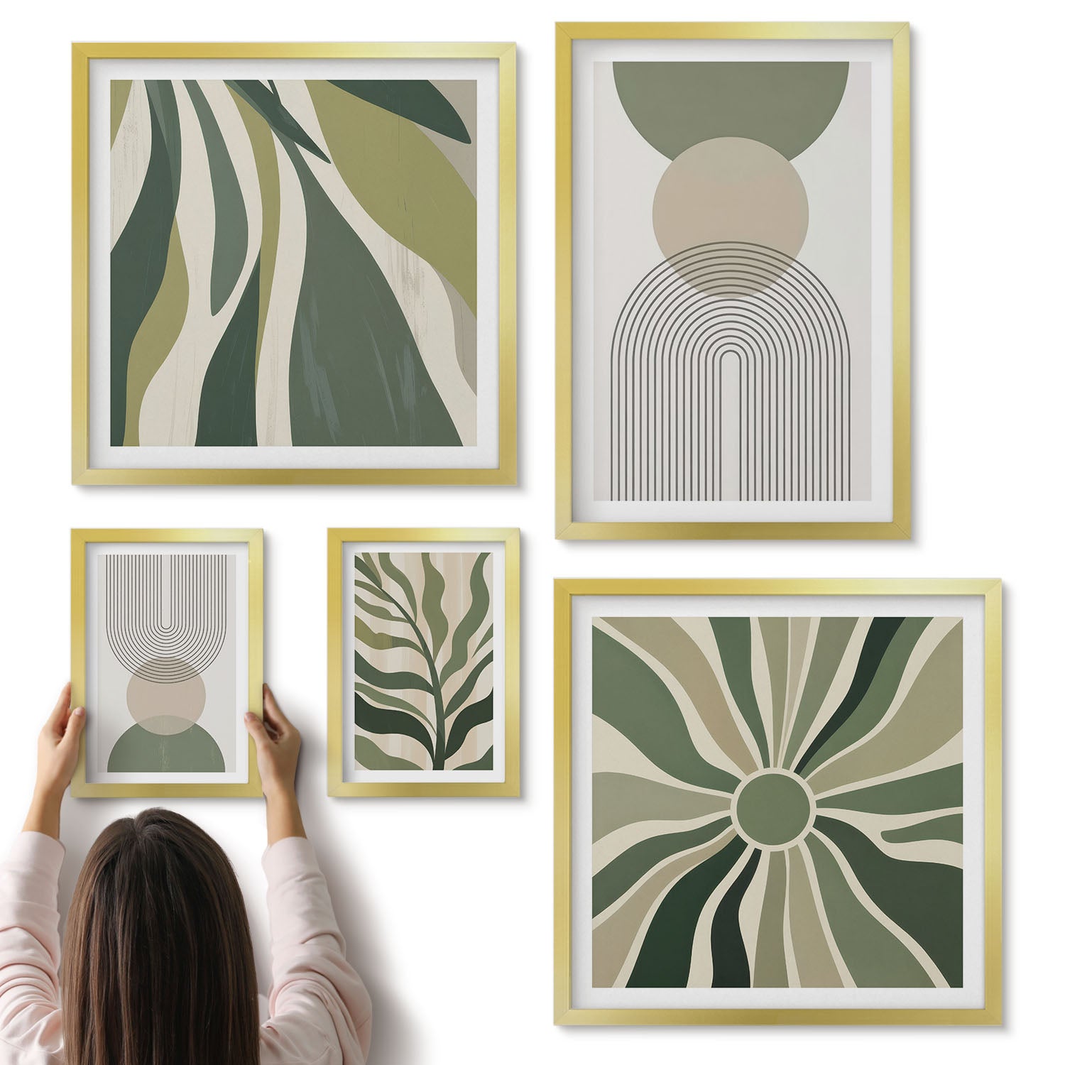 Galeria ścienna 5-częściowy komplet obrazów w złotych ramach - Stylowe abstrakcje w odcieniach zieleni i beżu - ArtPrintCave