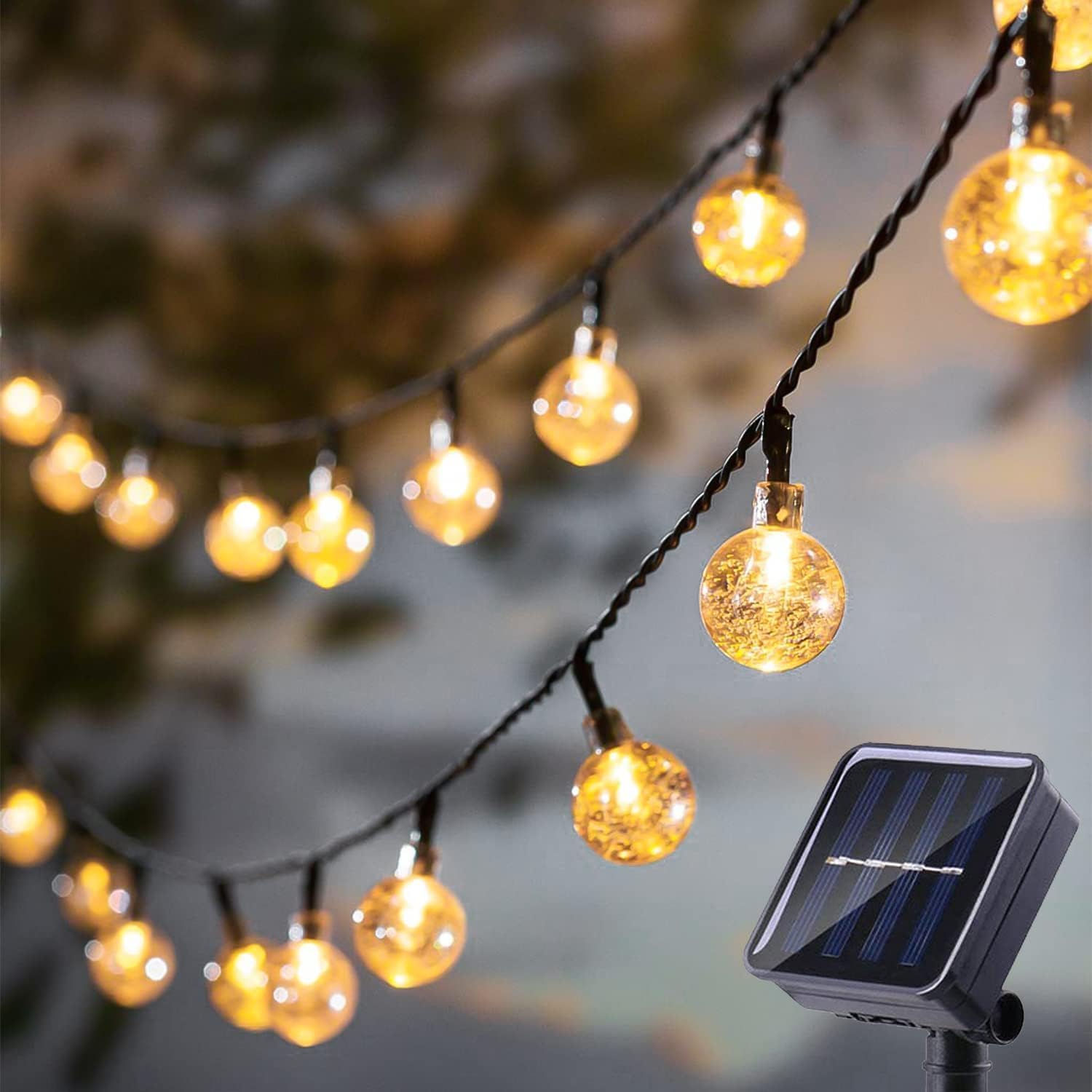 Lampki solarne, małe kule kryształowe, zewnętrzne lampki choinkowe, 200 diod LED, 22 metry, 8 trybów oświetlenia (ciepłe światło)