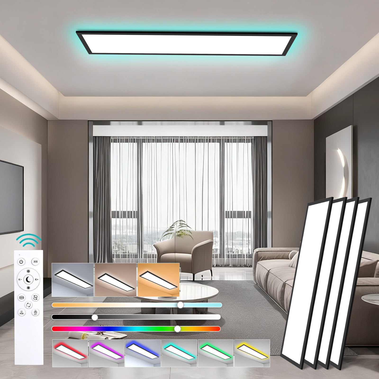 LOVHAUS 4PCS Lampa Sufitowa LED 36W Czarna 120x30 cm, Panel LED Sufitowy Prostokątny Ściemniający RGB do Salonu, Biura, Kuchni Wewnętrznej z Pilotem