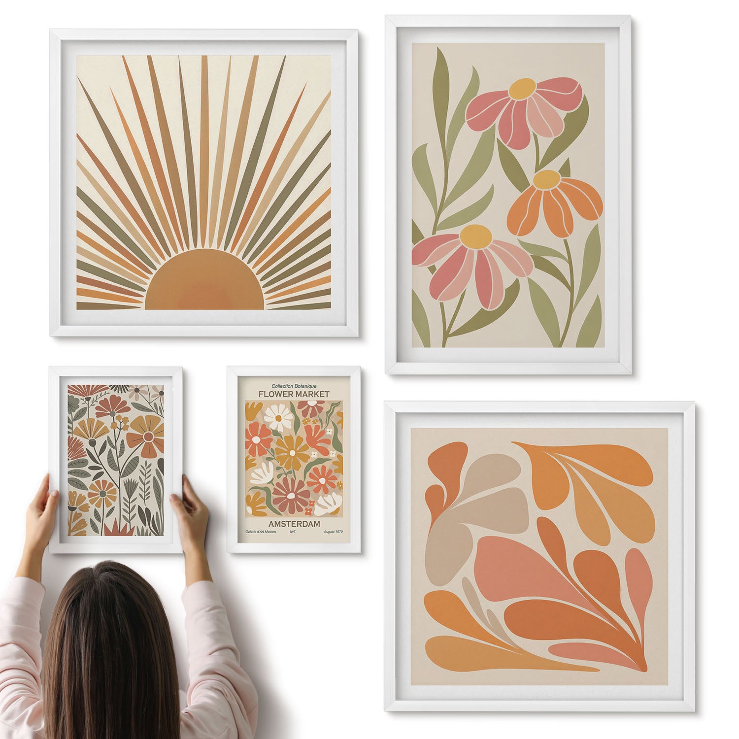 Galeria ścienna 5-częściowy komplet obrazów w białych ramach - Styl boho kwiatowe motywy i geometryczne kształty - ArtPrintCave