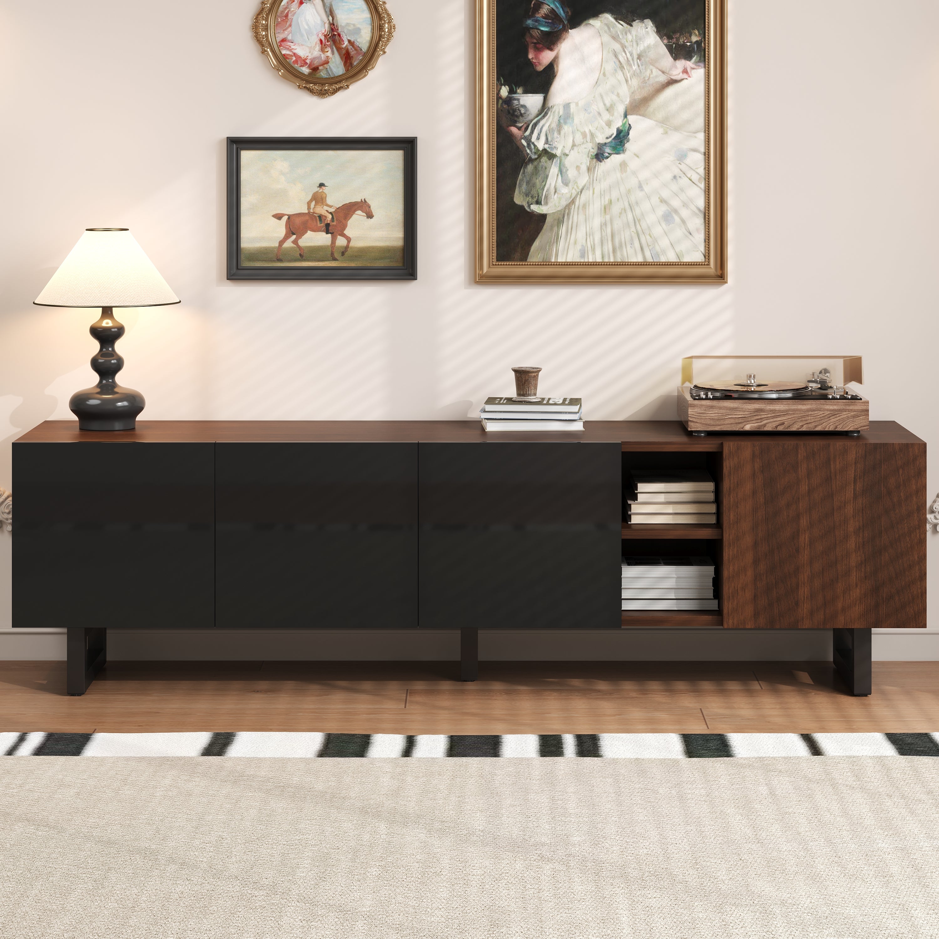 Stolik RTV z 4 drzwiami - 180 x 38 x 50 cm - MDF i czarne metalowe nogi - do salonu - Czarny + naturalny