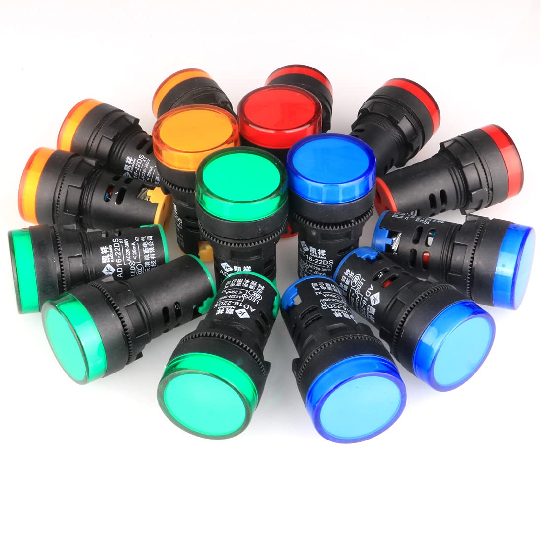 22 mm lampki kontrolne LED (16 szt.) – 4 kolory (czerwony, żółty, zielony, niebieski), prąd zmienny 220–380 V, lampki sygnalizacyjne na desce rozdzie