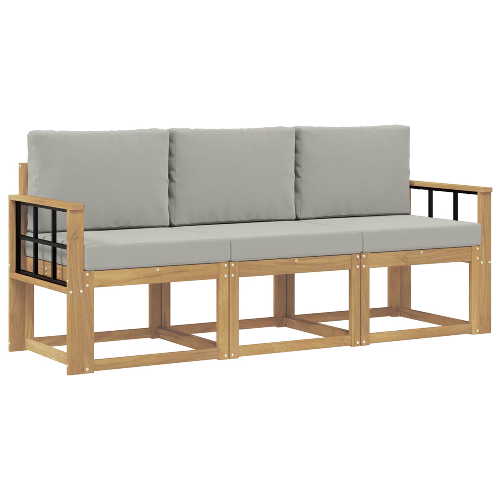 Sofa Ogrodowa Modułowa 3-Osobowa Drewniana z Szarymi Poduszkami na Taras