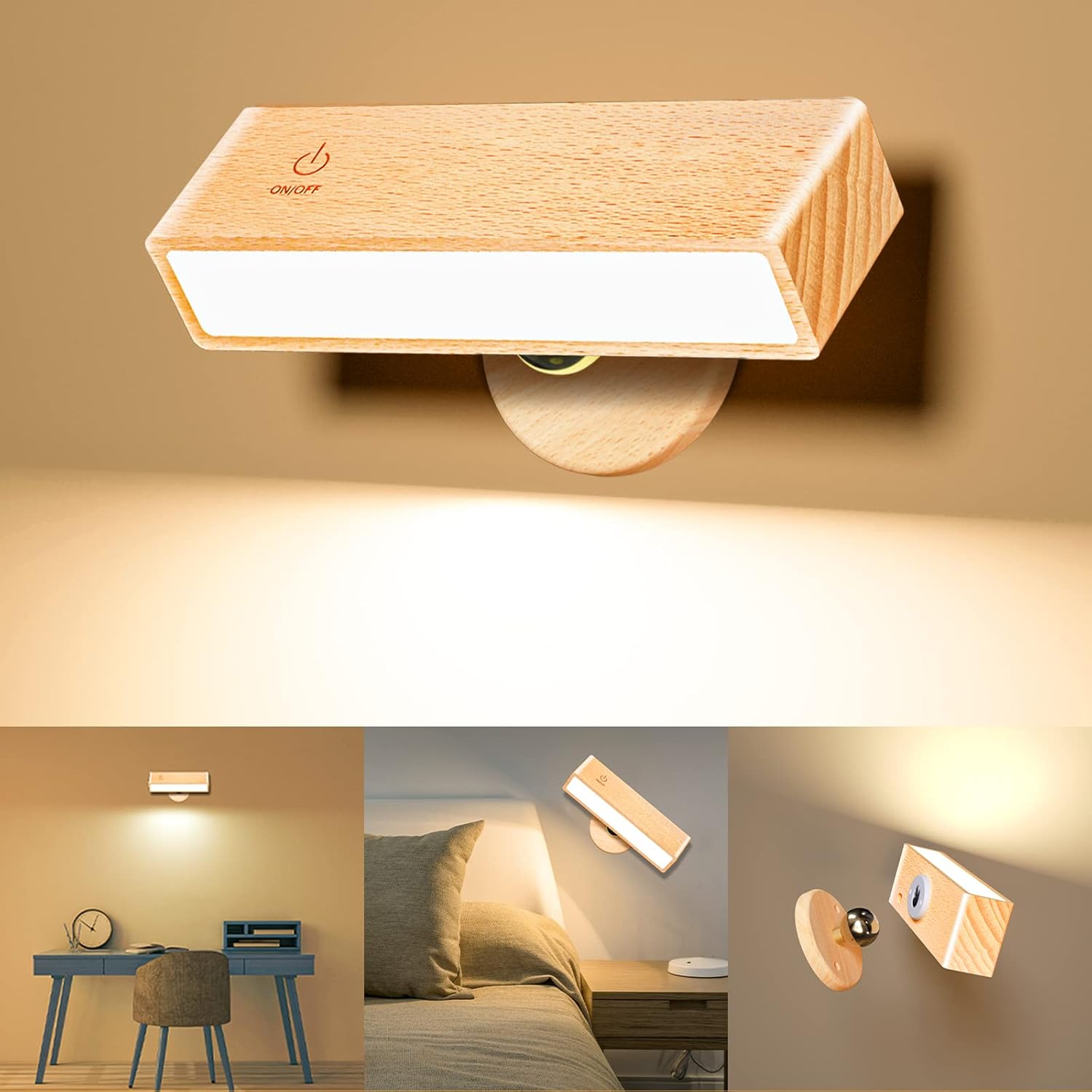 Lampa ścienna LED do sypialni, sterowanie dotykowe, regulowana jasność, obrotowa kula magnetyczna 360°, ładowalna