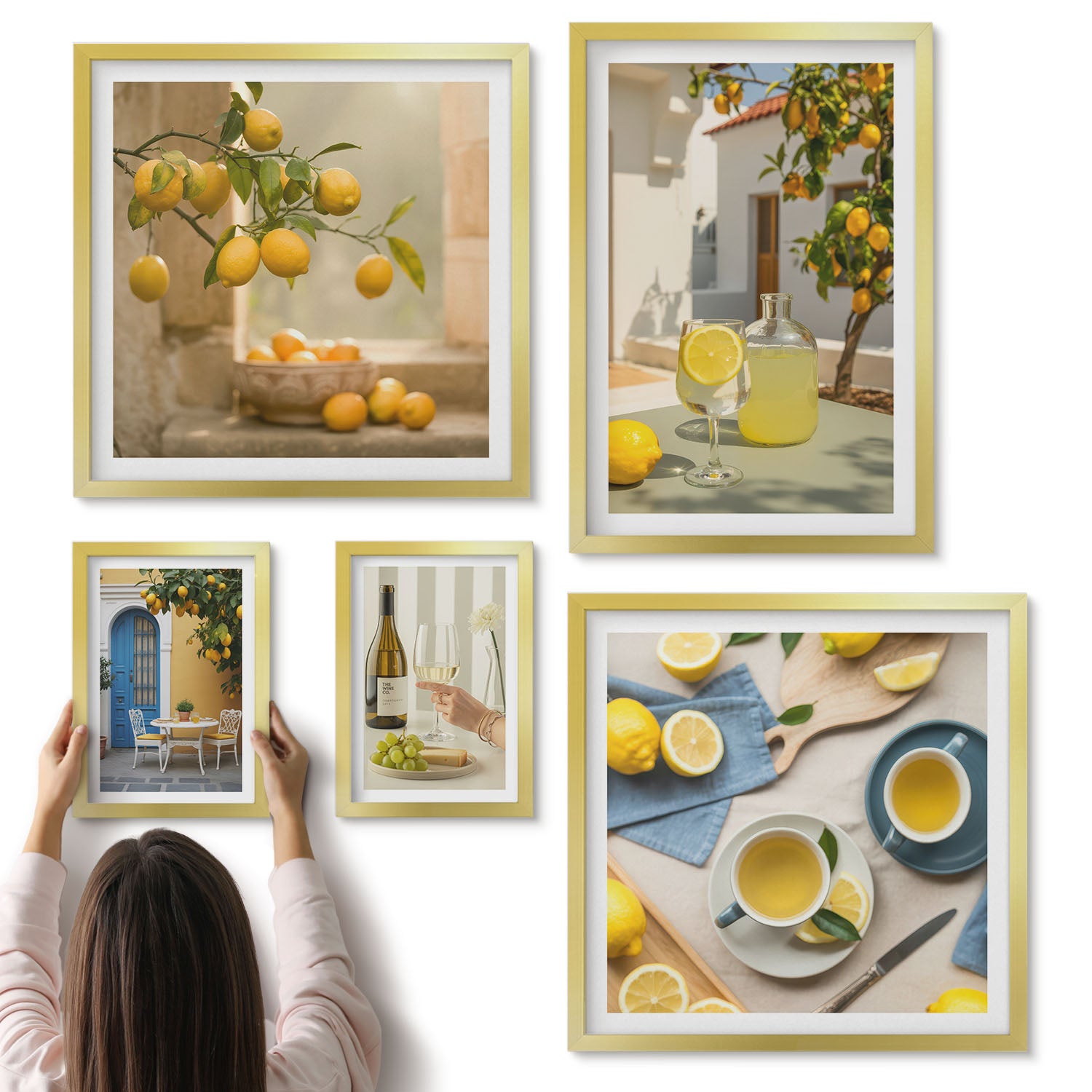 Galeria ścienna 5-częściowy komplet obrazów w złotych ramach - Motyw cytryn w stylu rustykalnym do kuchni - ArtPrintCave