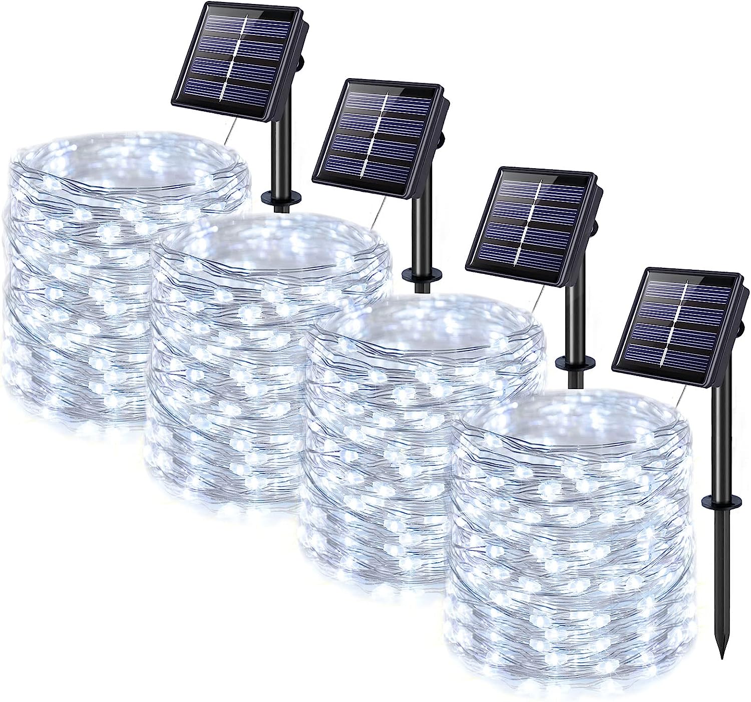 Zestaw 4 solarnych lampek sznurkowych, 150 LED, 15 m, 8 trybów, solarne lampki Fairy Tale, wodoodporne, dekoracja świąteczna (Białe)