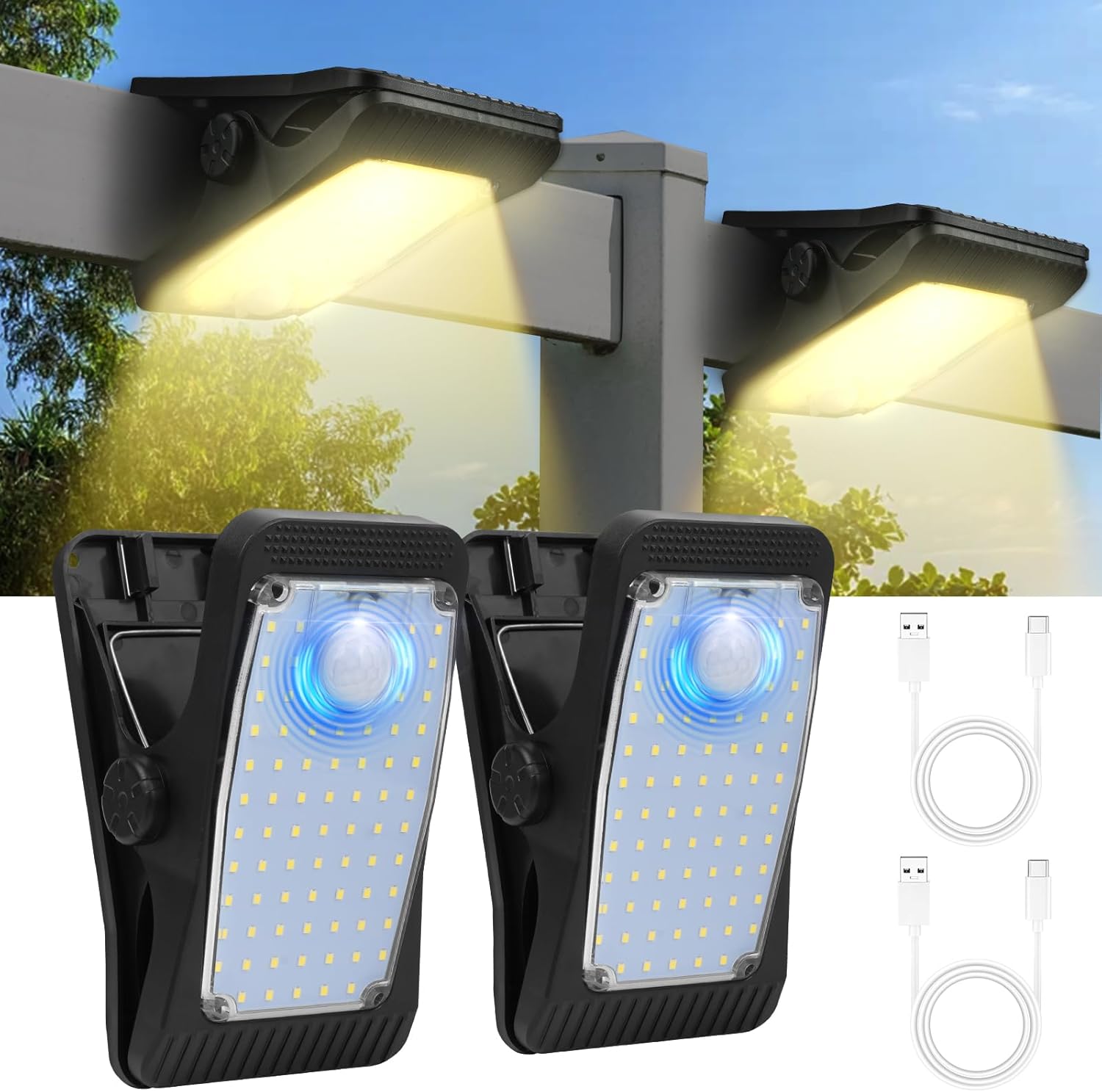 Lampy solarne zewnętrzne, zestaw dwóch lamp solarnych z klipsem, z czujnikiem ruchu, diodami LED, 3 tryby, lampa ścienna solarna
