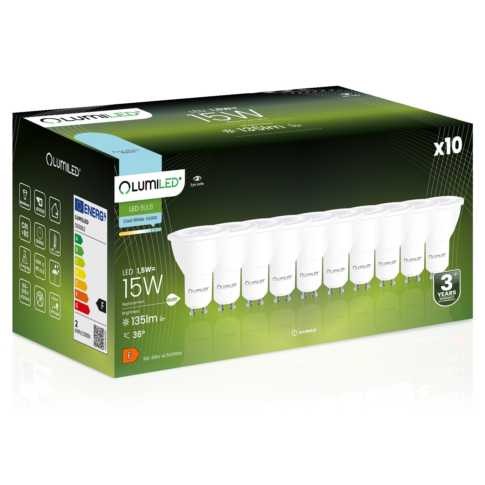 10x Żarówka Lumiled LED GU10 Reflektor PAR16 1,5W = 15W 135lm 6500K Zimna 36st