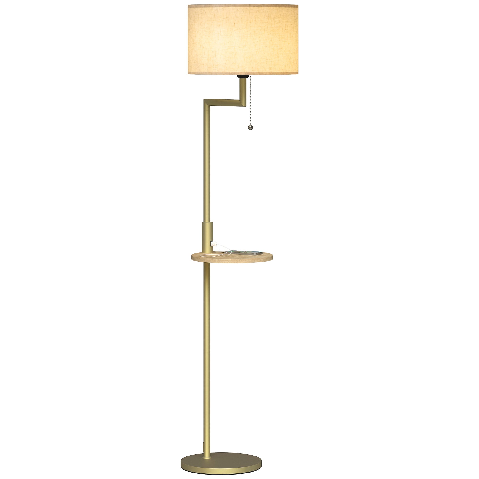 Nowoczesna lampa podłogowa z półką, lnianym kloszem, włącznikiem łańcuszkowym i portem USB, Ø40 x 170 cm, do salonu, złota