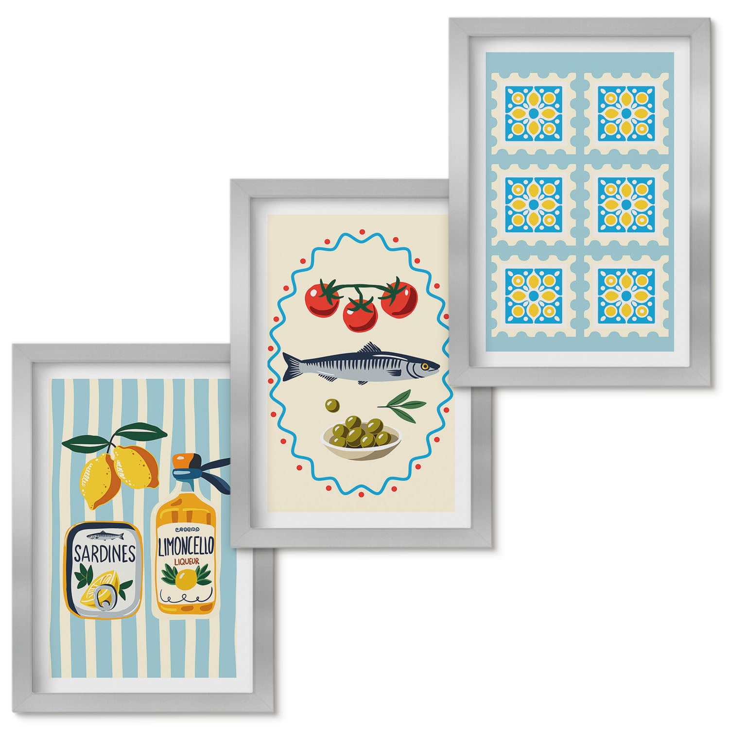 Zestaw obrazów w ramie - 3 części | Ilustracje kuchenne w śródziemnomorskim stylu | Srebrna ramka