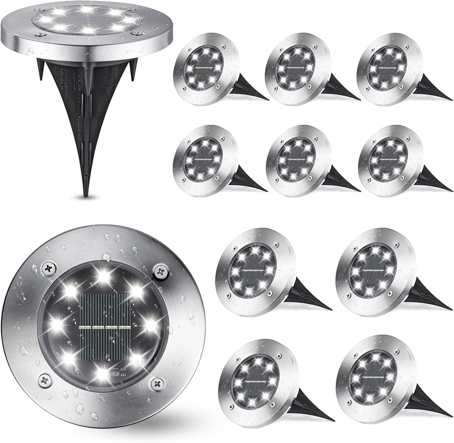 Zestaw 12 białych lamp solarnych do ogrodu, 8 diod LED 6000K, zasilanych energią słoneczną, wodoodpornych, IP65, do ścieżek, trawników, patio i basen