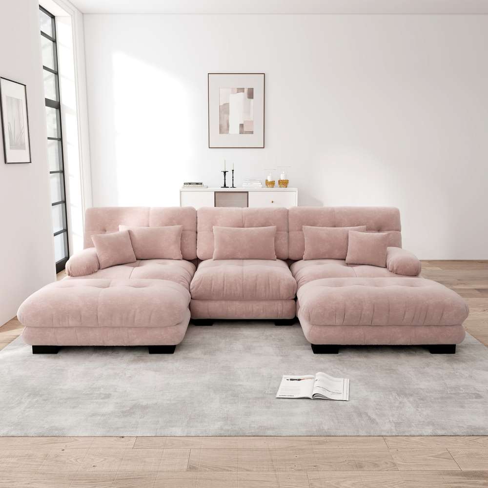 Modułowa sofa XXL w kształcie litery U z głębokim siedziskiem, rozkładana sofa narożna z mobilnym pufem w tkaninie szenilowej Cloud Comfort do salonu