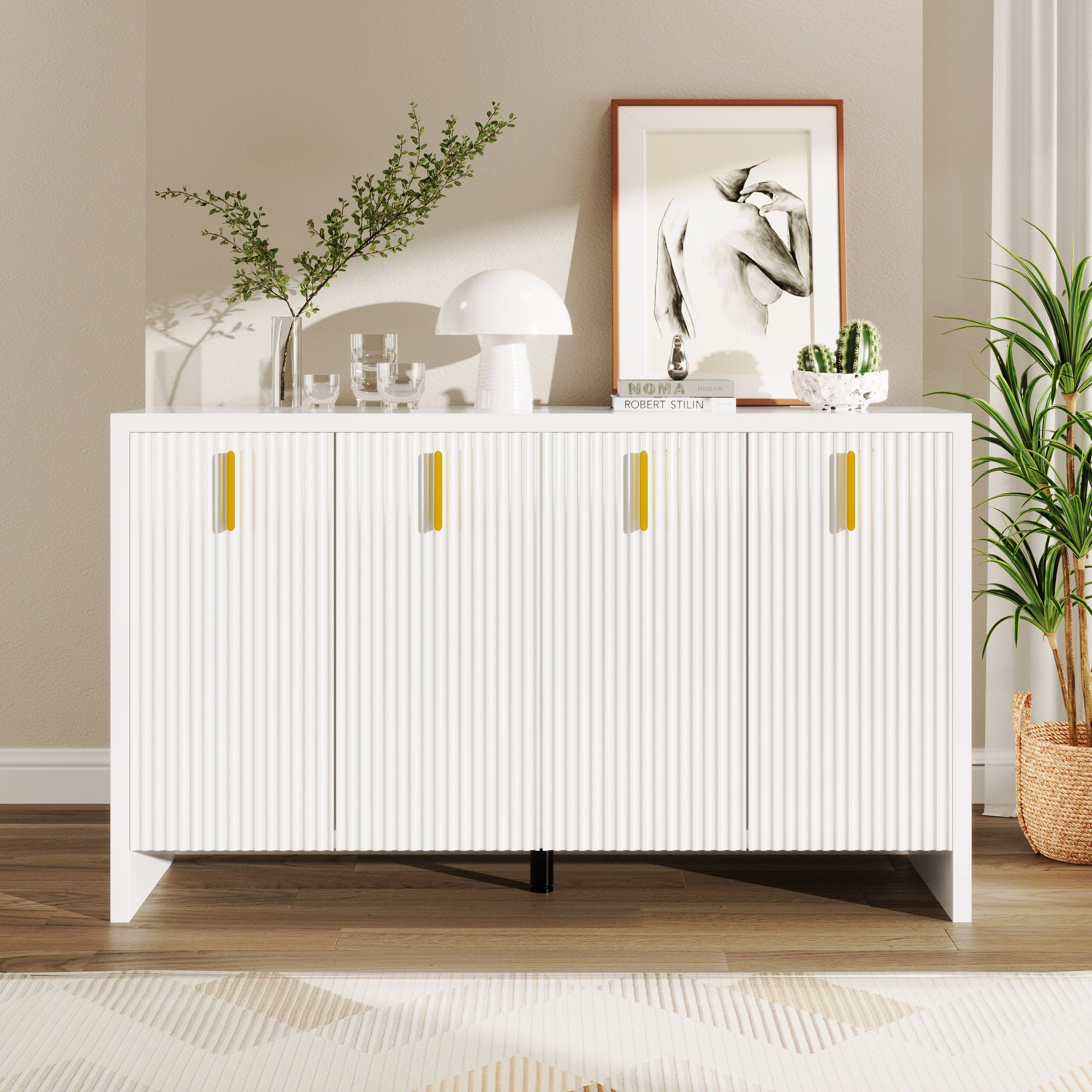 Nowoczesna minimalistyczna komoda, biała, 140*38*80 cm, cztery drzwi, ze złotymi uchwytami i regulowanymi przegródkami
