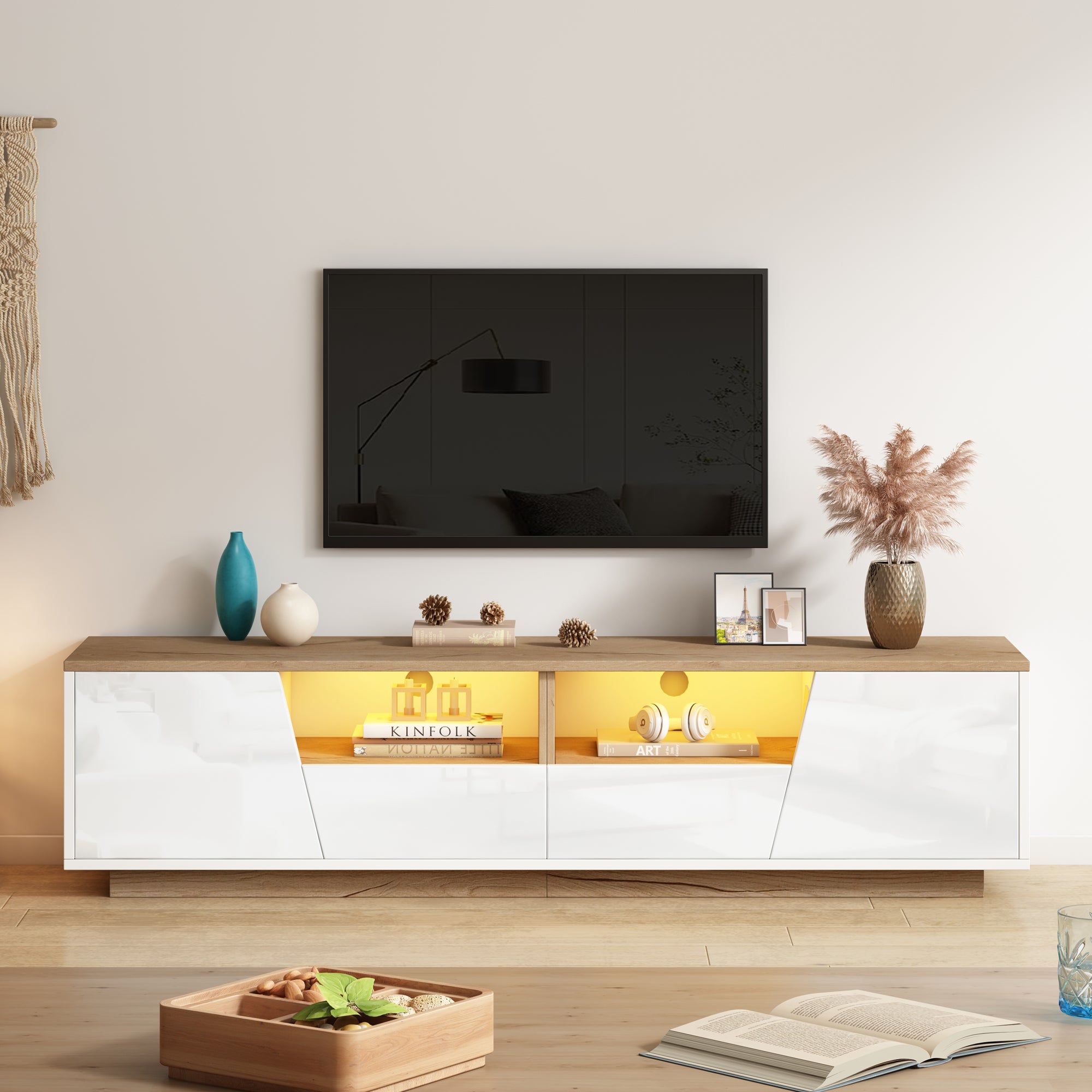 Stolik RTV 180x40x46cm - z 2 szufladami i 2 drzwiami - z oświetleniem LED - wykończenie połysk - biały + naturalny