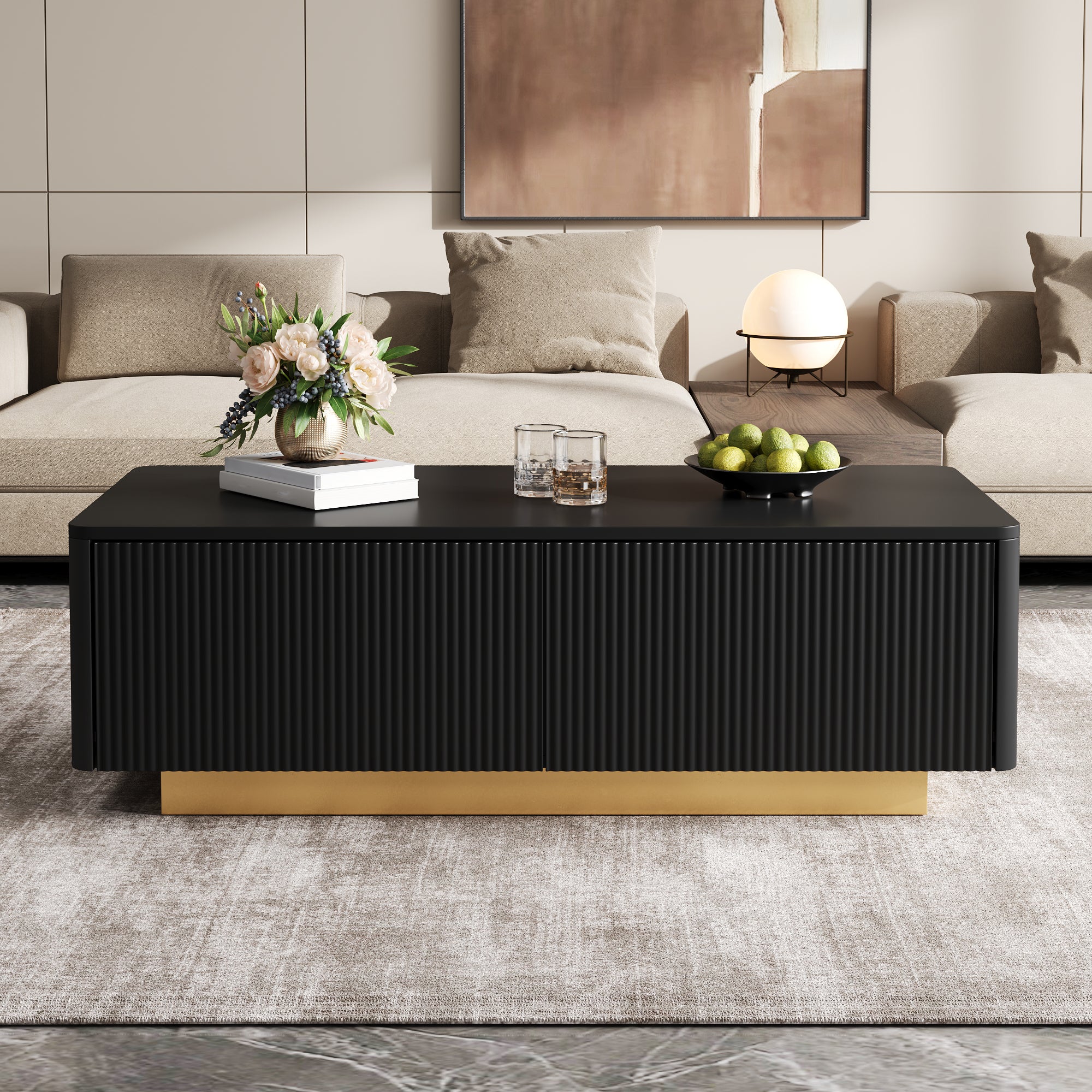 Stolik kawowy z 2 szufladami i ryflowanymi frontami – MDF i płyta wiórowa – 110 x 50 x 35 cm – Czarny