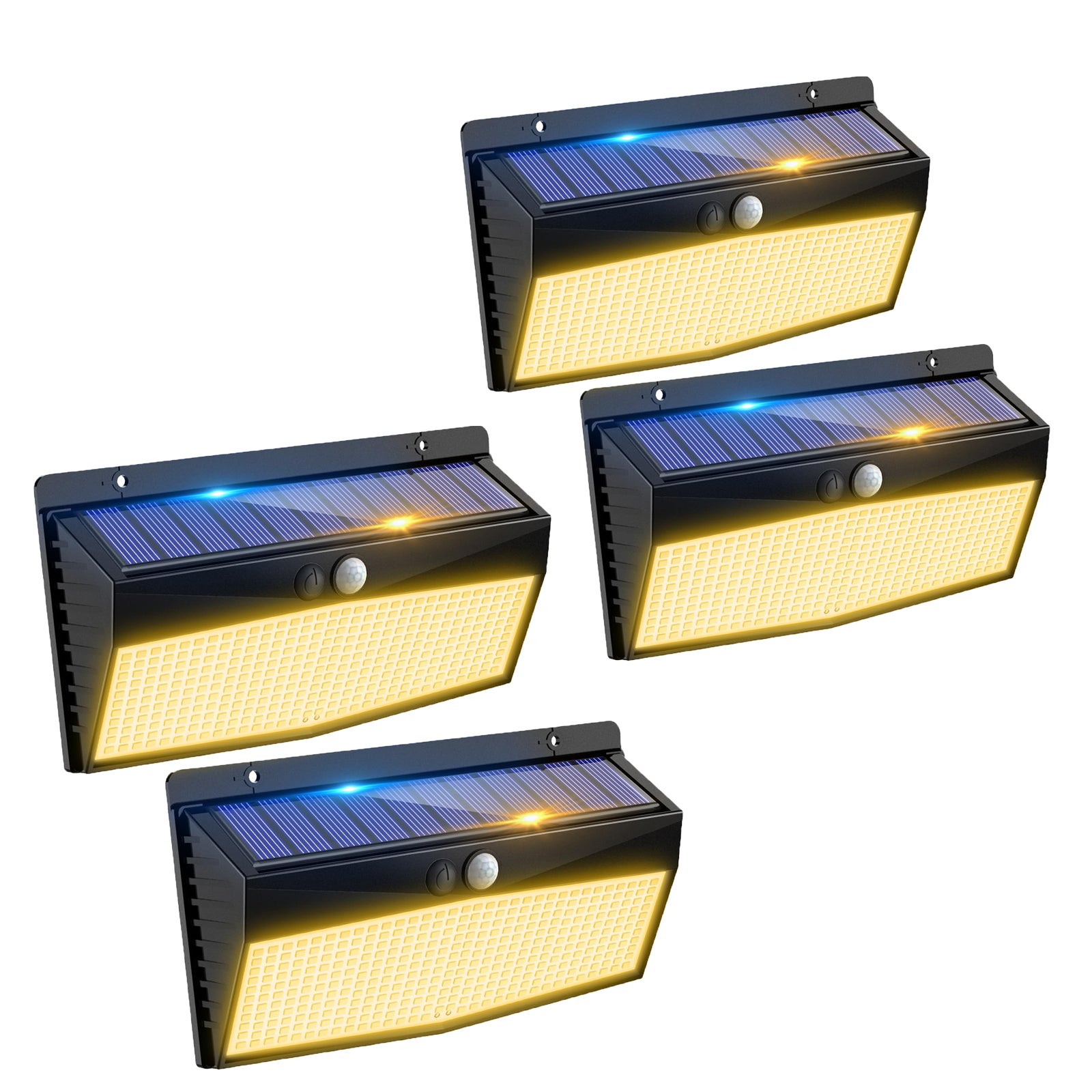Zestaw 4 zewnętrznych solarnych lamp ściennych z czujnikiem ruchu, 368 LED, wodoodporne oświetlenie ogrodowe, 3 tryby oświetlenia, ciepłe światło