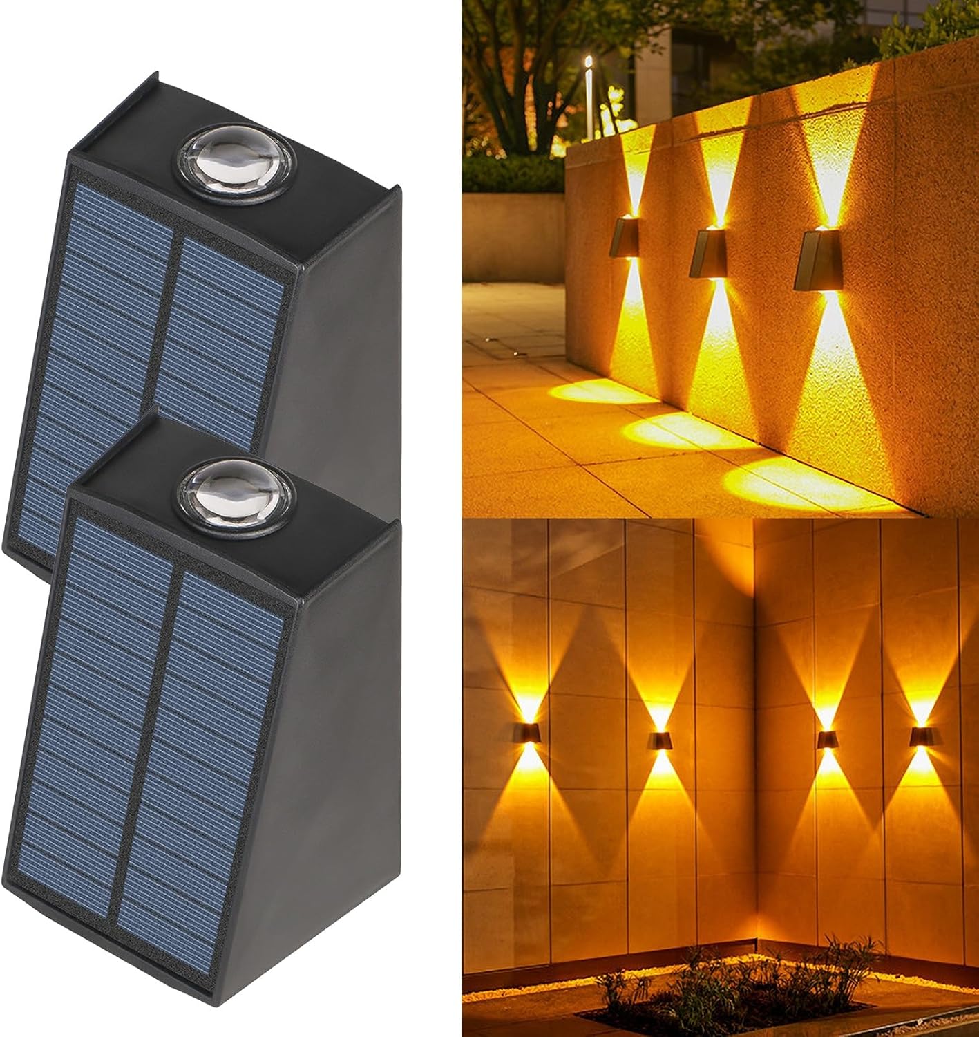 Solarna lampa ścienna zewnętrzna LED, lampa ogrodowa, wodoodporna dekoracyjna lampa ścienna (żółte światło, 2 sztuki)