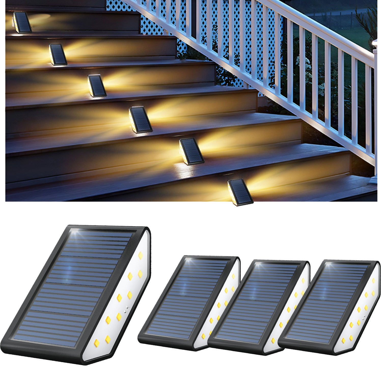 Zestaw 4 zewnętrznych lamp solarnych do schodów, 18 LED, wodoodporne oświetlenie zewnętrzne na werandę, drzwi wejściowe, schody, stopnie i tarasy.
