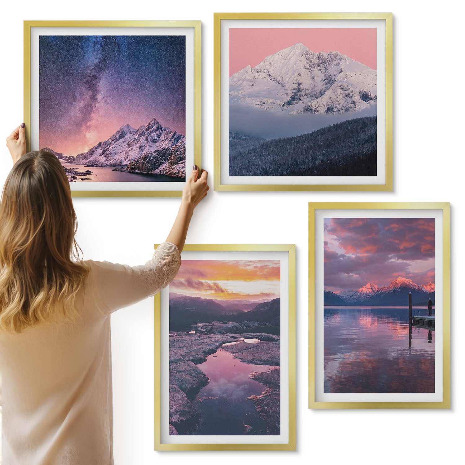 Galeria ścienna 4-częściowy komplet obrazów w złotych ramach - Góry i woda w pięknych naturalnych krajobrazach - ArtPrintCave
