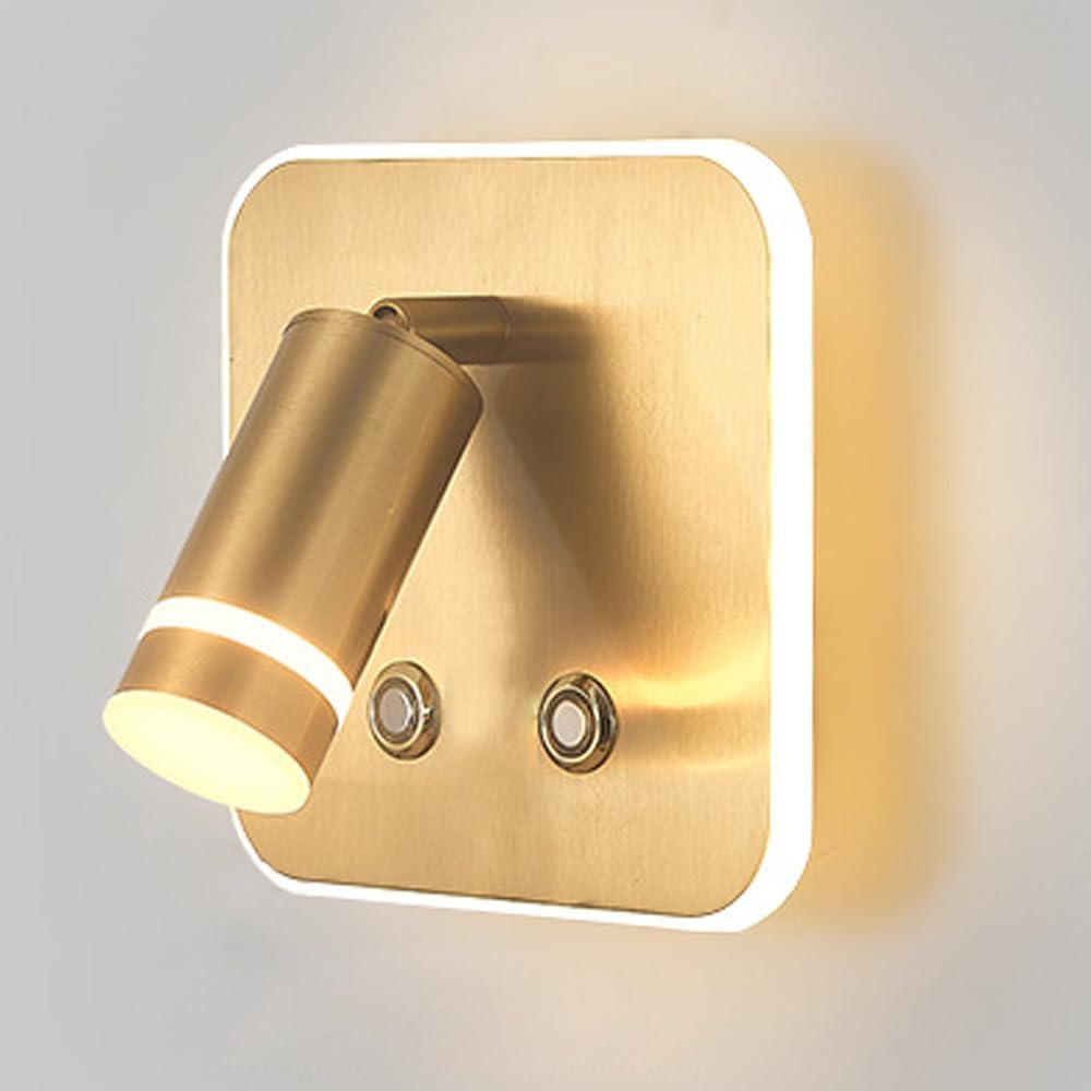 Mosiężna lampa ścienna, lampka nocna z włącznikiem, regulowana w zakresie 360°+90°, nowoczesna lampa ścienna LED - 3W+6W, 3 tryby oświetlenia