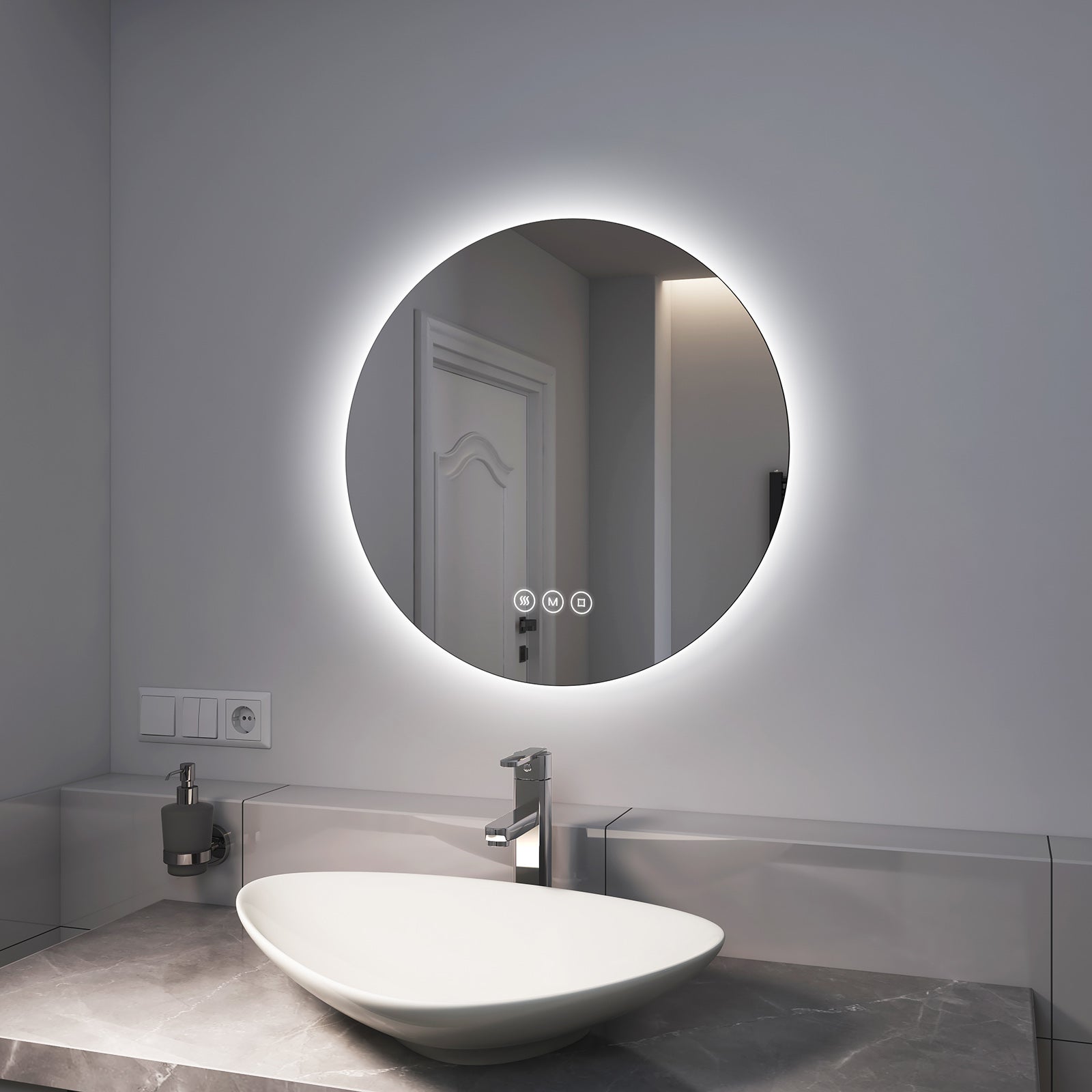 EMKE Okrągłe Lustro łazienkowe z oświetleniem LED 60 cm, z 3 barwy światła, możliwość ściemniania, przeciwmgielne, funkcja pamięci, IP44