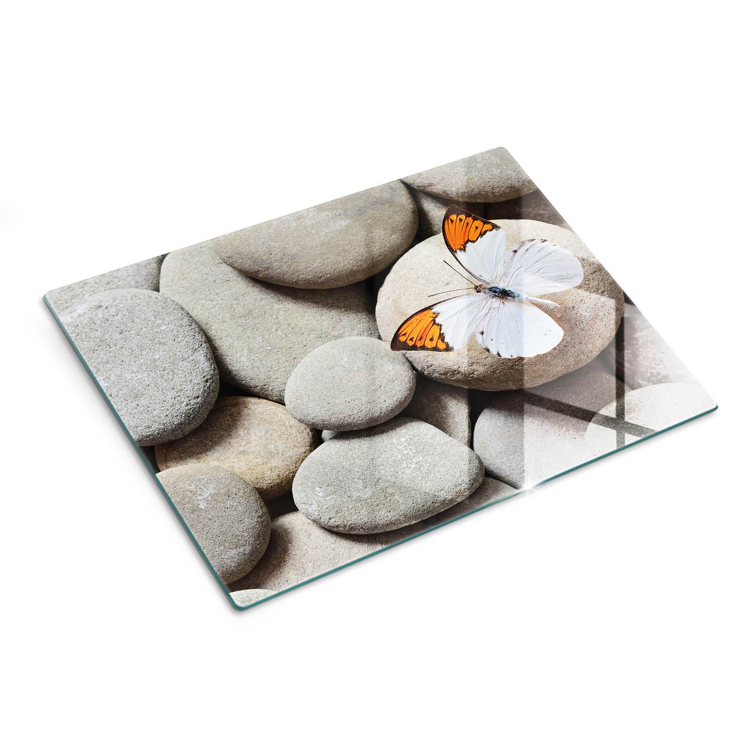 Deska ochronna na blat ze szkła hartowanego z nadrukiem - Motyl i Kamienie - 30x40 - Tulup
