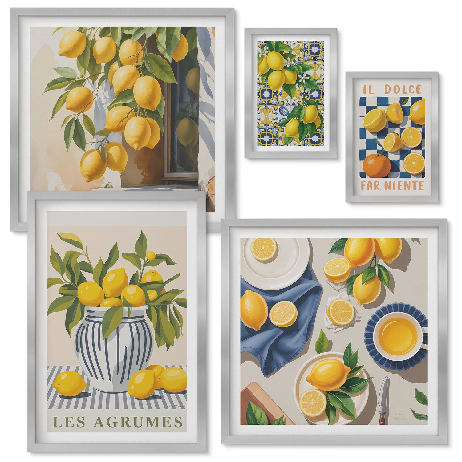 Zestaw obrazów w ramie - 5 części | Cytrusowe inspiracje w stylu prowansalskim dekoracje ścienne | Srebrna ramka