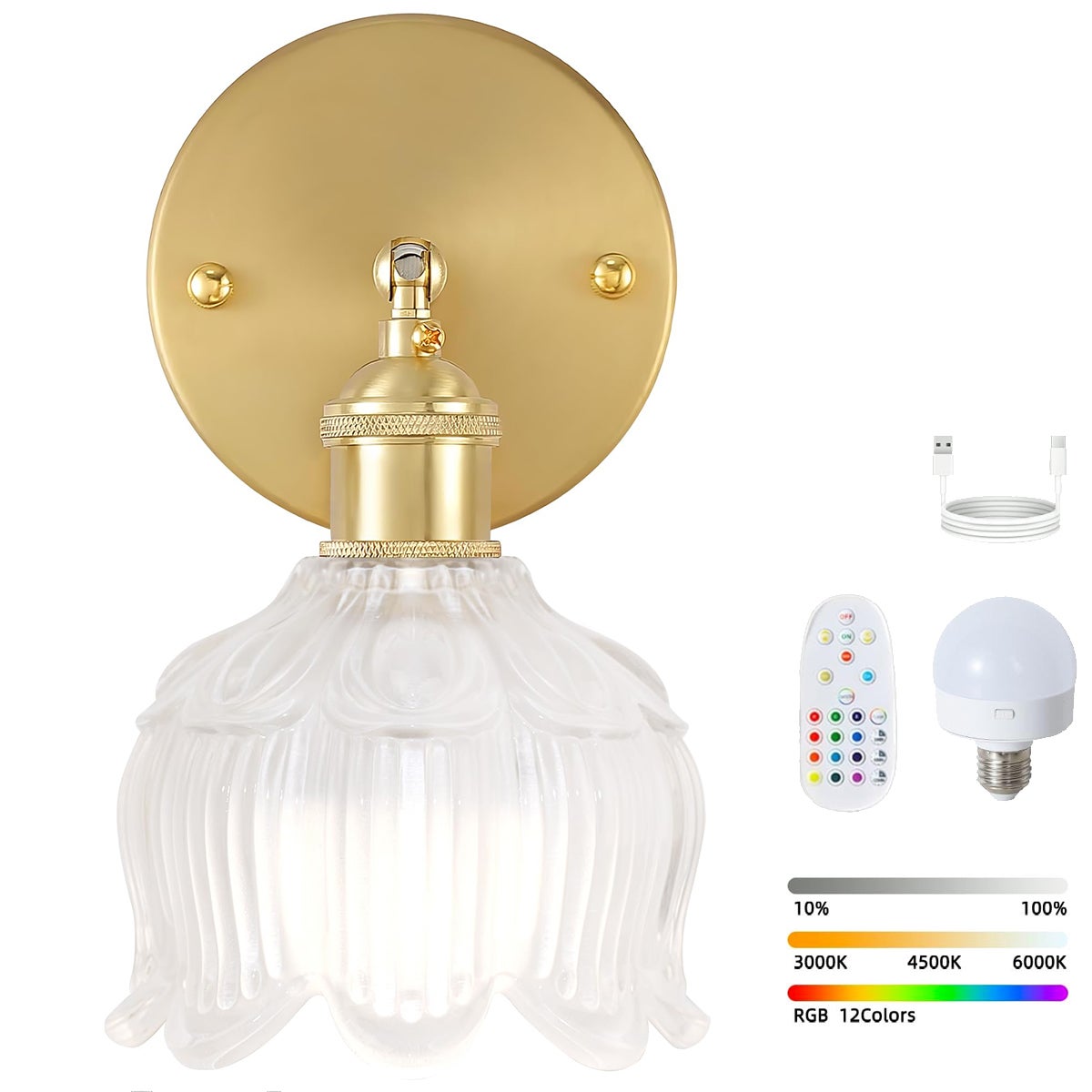 Bezprzewodowa lampa ścienna LED z pilotem, ładowalna lampka nocna, zmienna intensywność, zmiana kolorów RGB, 3000K-6000K, z żarówką