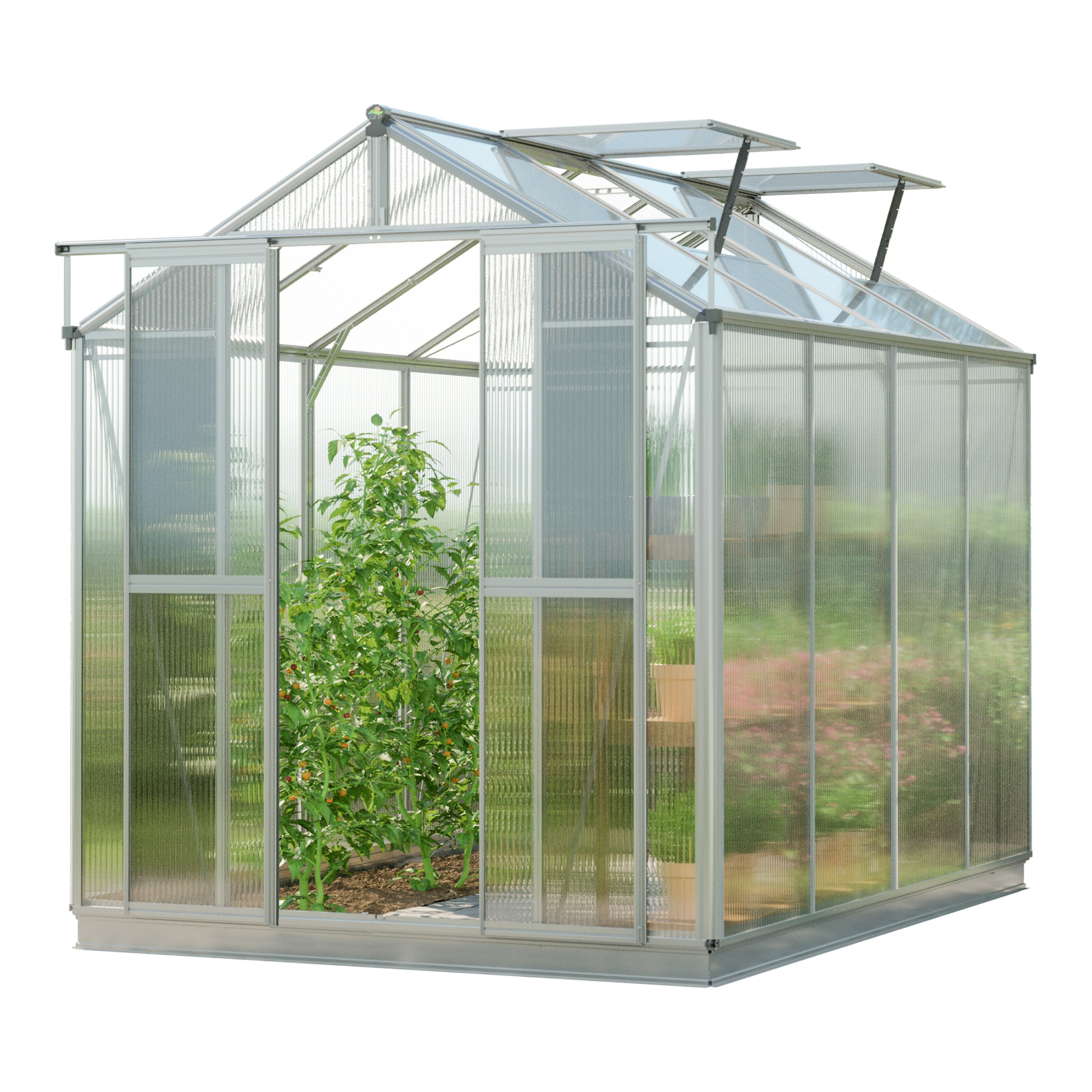 GFP Szklarnia Picco 4 – rama aluminiowa – 179 x 259 cm – poliwęglan 8 mm - z ramą fundamentową i 1 automatycznym otwieraczem okien