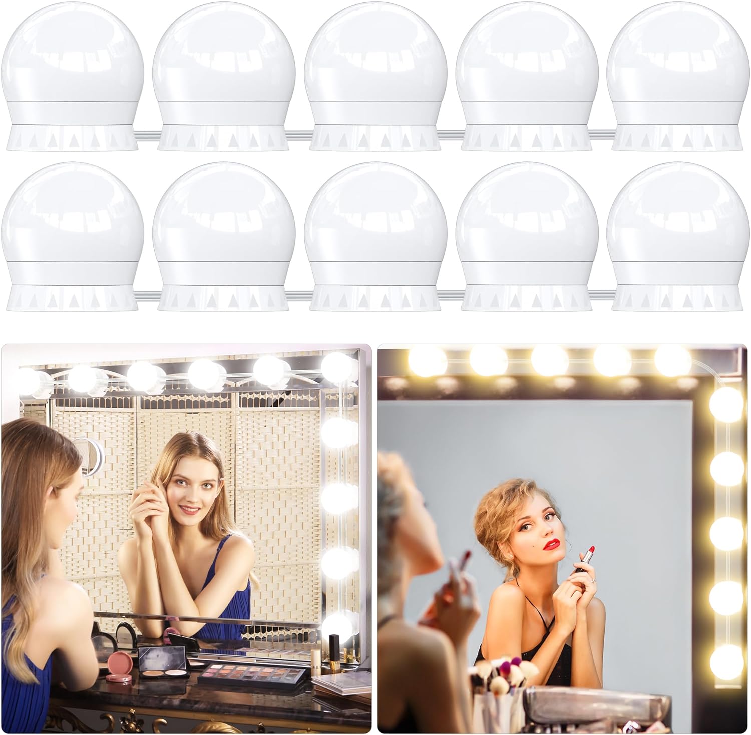 Lustrzane światło, 10 żarówek LED Hollywood Light Kit, idealnie ukryte kable, 3 kolory i 10 poziomów jasności, lustrzane światło USB do toaletki i mak