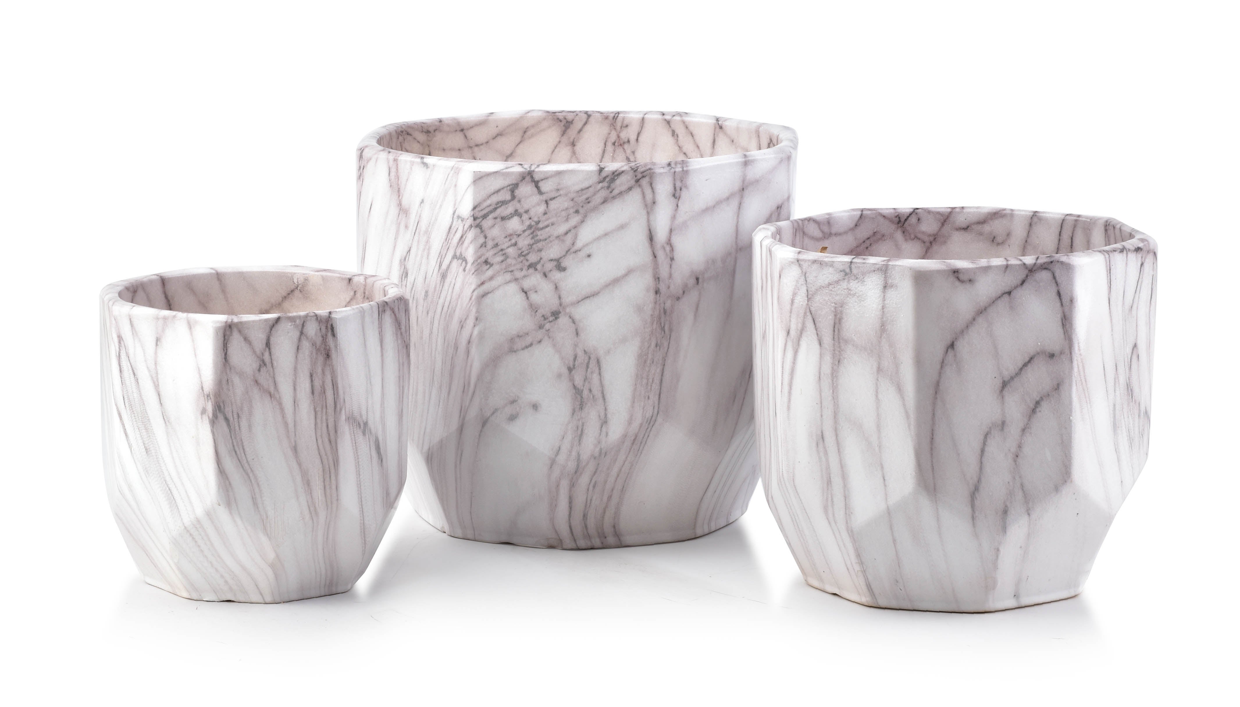 Doniczki ceramiczne MONDEX NEVA MARBLE 25x25x23/20x20x19/15x15x16 cm biały komplet 3 szt.