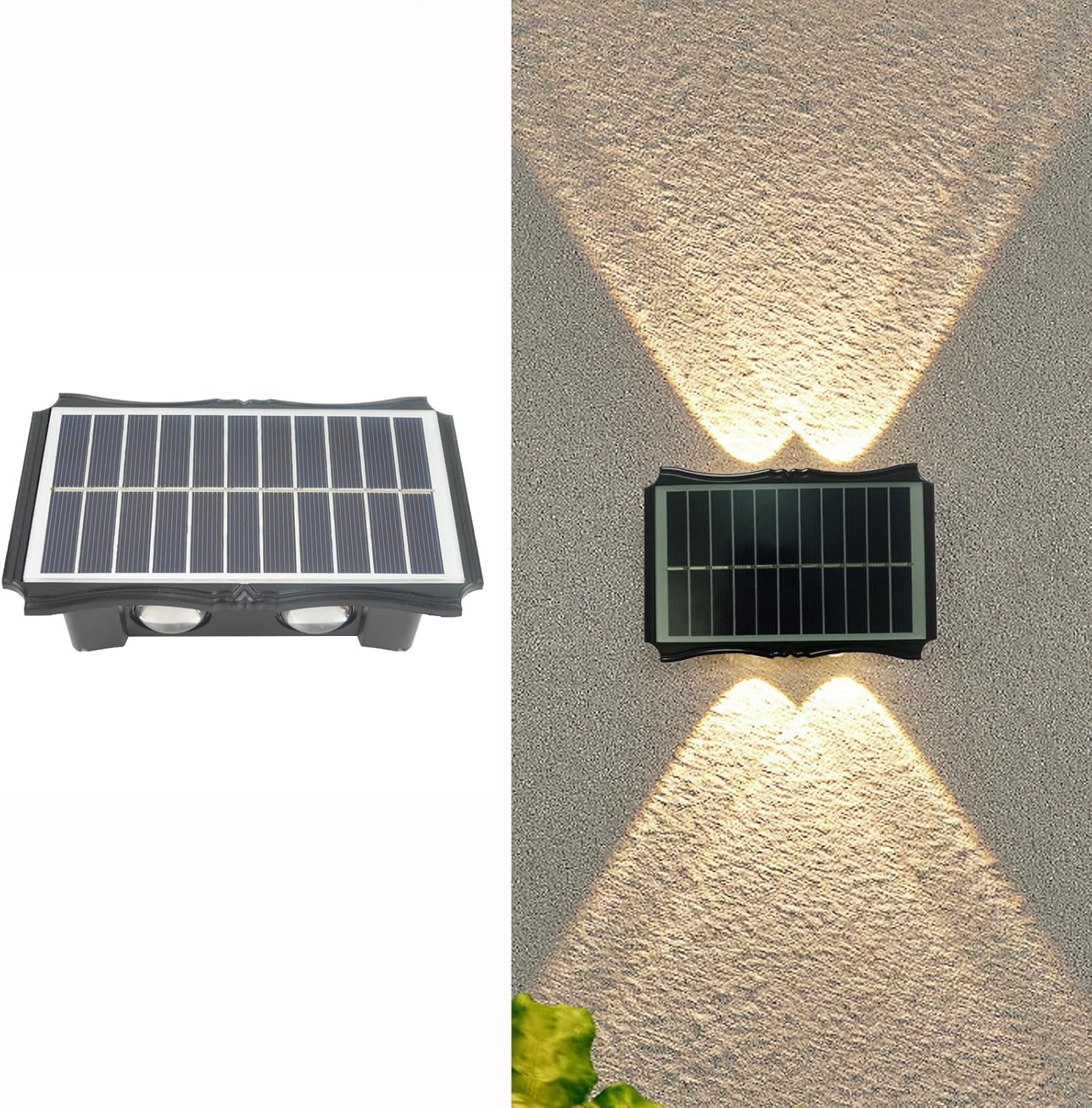 Lampa solarna ścienna, 2 poziomy oświetlenia, wodoodporna IP65, bezprzewodowa, do schodów, balkonów i tarasów (ciepła biel)